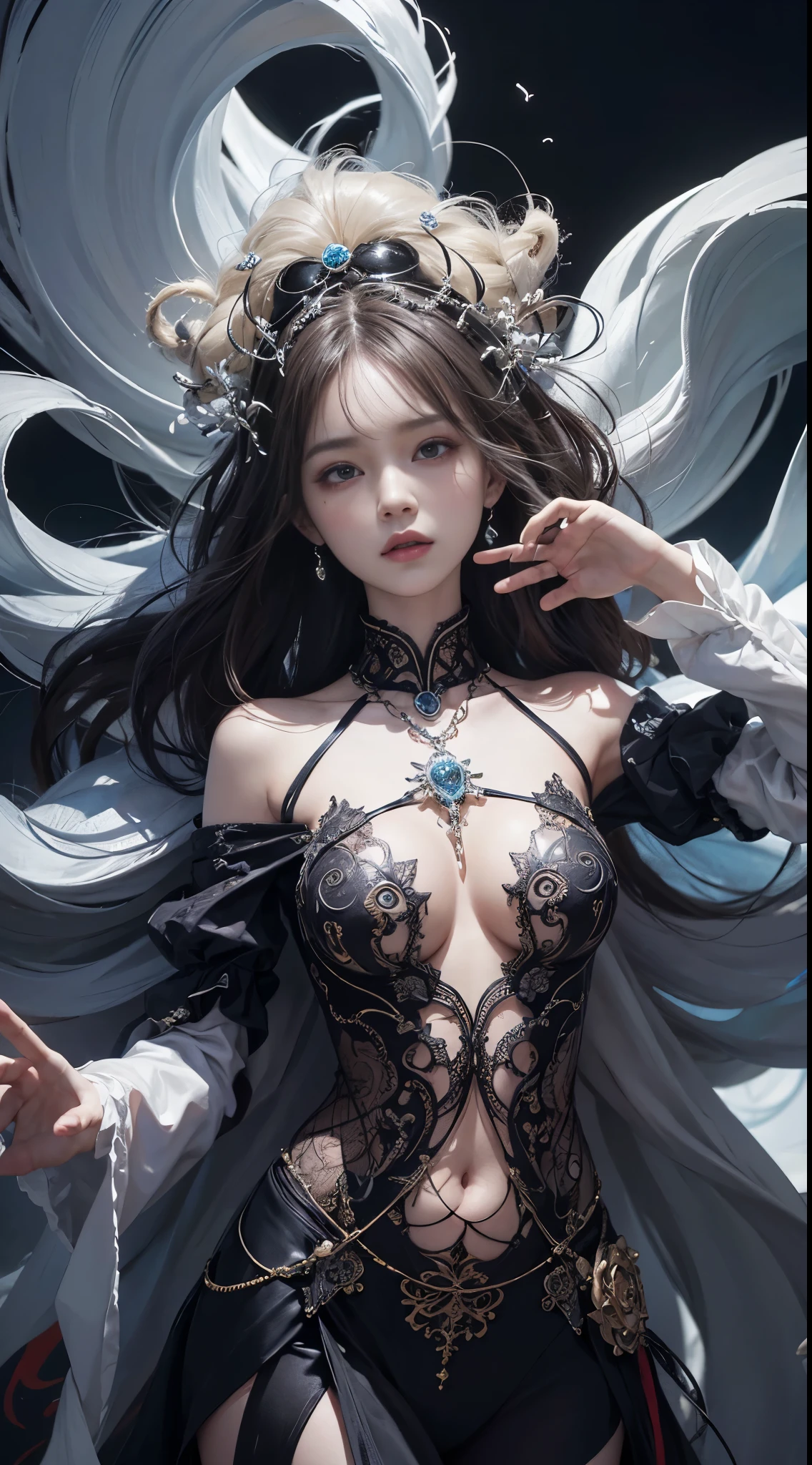 official art, unity 8k wallpaper, ultra detailed, beautiful and aesthetic, masterpiece, best quality, (zentangle, mandala, tangle, entangle), (fractal art:1.3) , 1girl, extremely detailed, dynamic angle, cowboyshot, the most beautiful form of chaos, elegant, a brutalist designed, vivid colours, romanticism, by james jean, roby dwi antono, ross tran, francis bacon, michal mraz, adrian ghenie, petra cortright, gerhard richter, takato yamamoto, ashley wood, atmospheric, ecstasy of musical notes, streaming musical notes visible,
