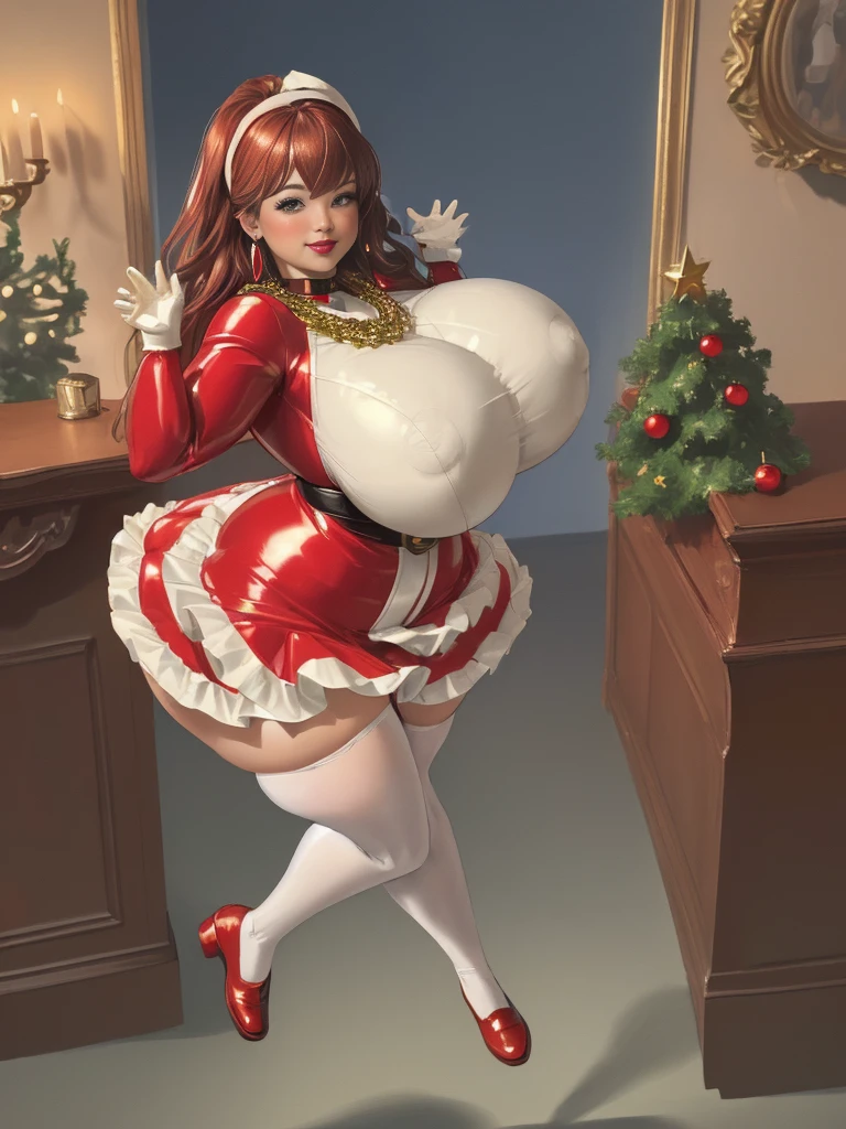 1980's, Masterpiece, full body view, living inflatable doll, floating in Victorian living room to decorated Christmas tree, tomie, long latex Santa hat, blunt bangs, (mole under eye:0.7), (extra long voluminous and thick dark hair with dark blue highlights), (thick pouty lips), (hyper breasts and thighs), (decorative and fancy silver cross earrings), (giant gold necklace with giant cross), (tight red and white Santa corset and dress with white fur trimming), (long striped red and white stockings), (thick flat green dress shoes), seductive look towards viewer