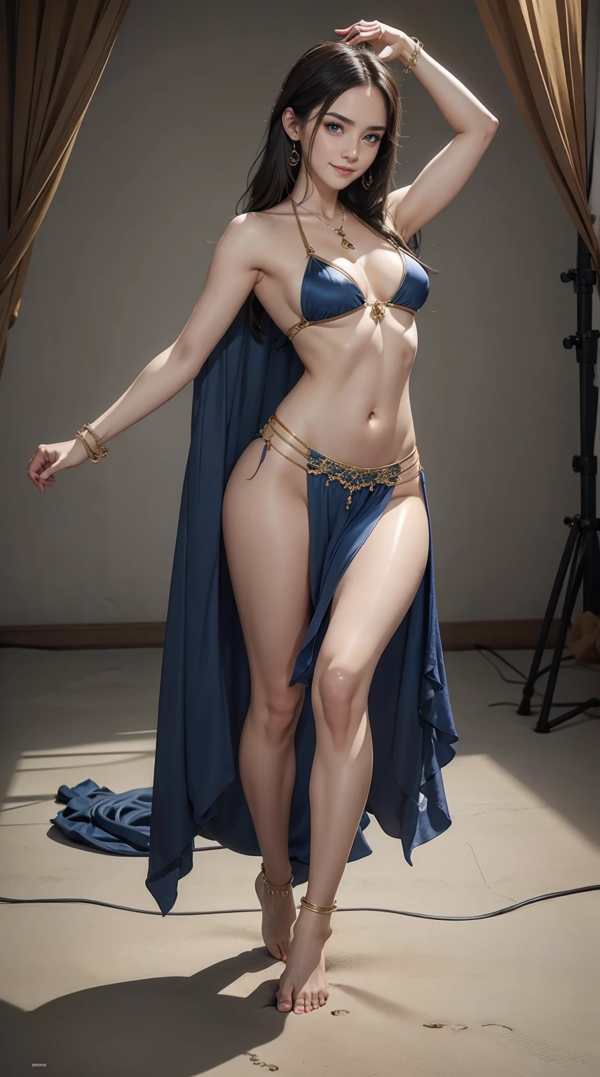 24-year-old Caucasian woman、Hair is brunette、Eye color is blue、Semi-long、Slender but well-proportioned muscular man、My abs are cracked、The belly button is out、a smile、I'm wearing a gorgeous necklace on my décolleté.、accessories on wrist、She is wearing a transparent belly dance costume.、Being barefoot、wearing gorgeous anklets、studio shoot、white backgrounid