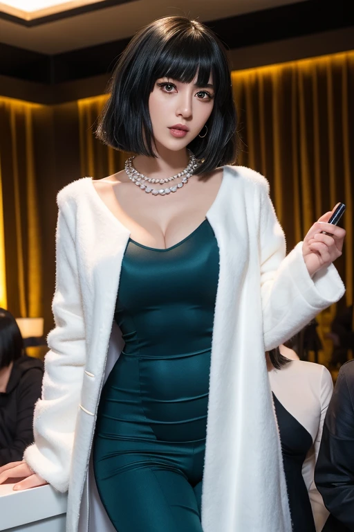 a close up of a woman large breast:1.2 in a green dress with fur jacket, green hair, green eyes, Fubuki from one punch man, High quality image, masterpiece, detailed hair texture, detailed skin texture, detailed cloth texture, 8k, add fabric details, ultra detailed skin texture, ultra detailed photo, skin pores, cloth details, high skin details, realistic hair details