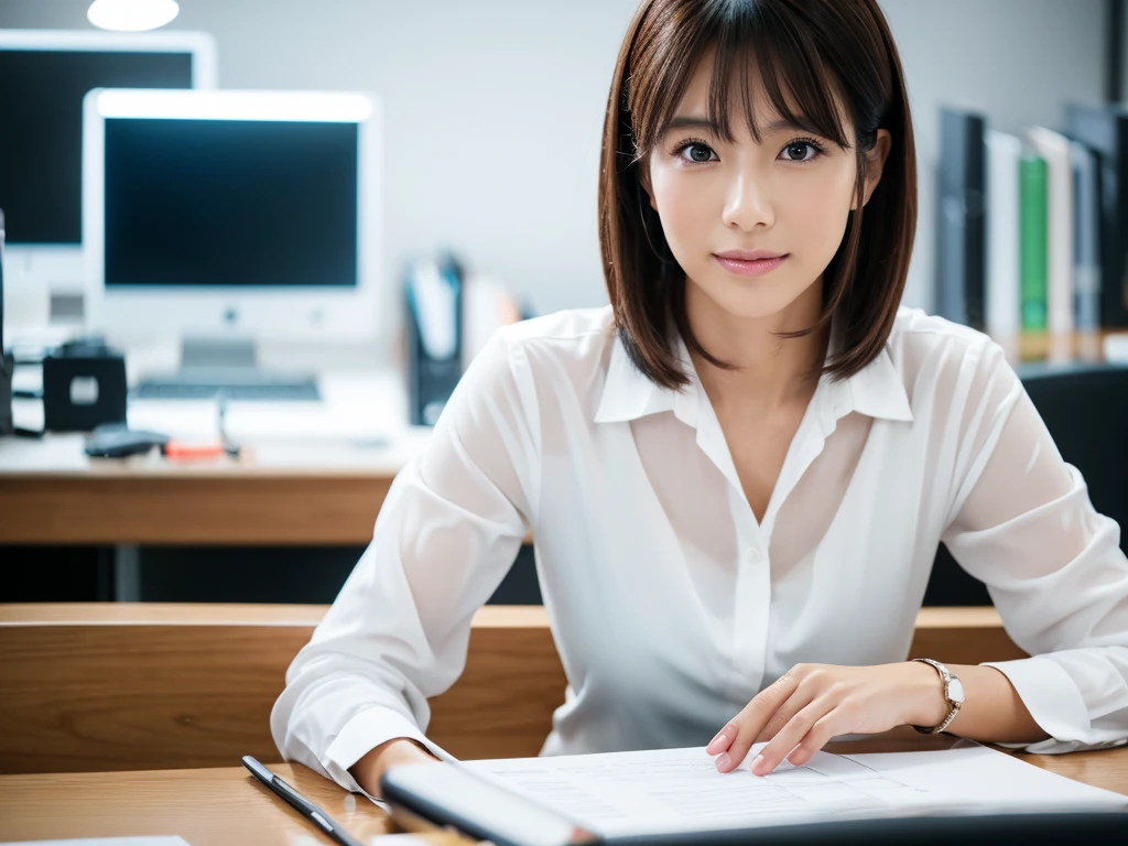 A Japanese OL wearing a white blouse, (best quality, 4k, highres:1.2), detailed face expression, neat short hairstyle, professional attire, confident posture, (realistic,photorealistic:1.37), bright studio lighting, vivid colors, (business professional style), (modern office backdrop), computer on the desk, files and documents on the table, professional demeanor, focused expression, (clean and organized workspace).