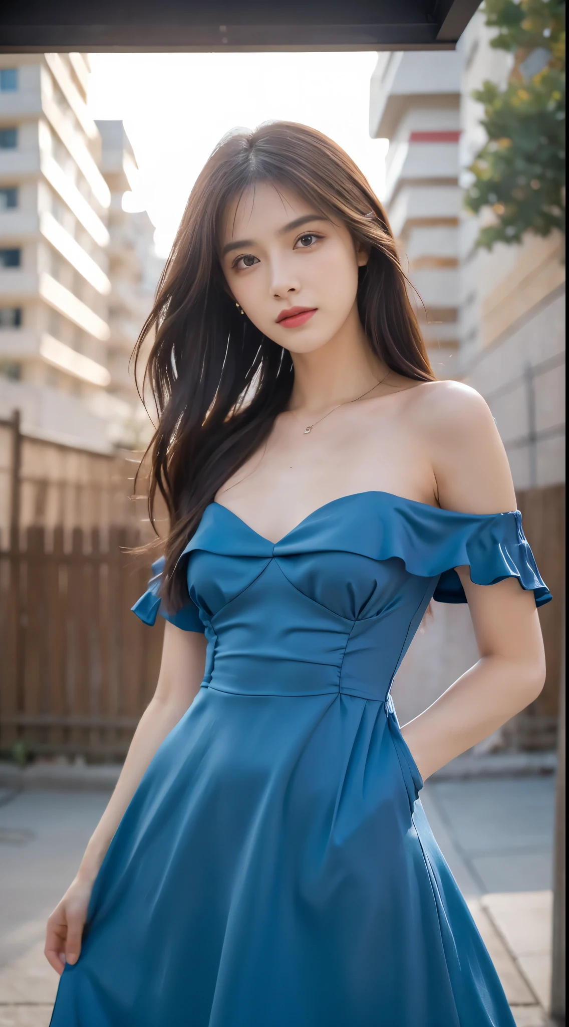 Obra maestra, La mejor calidad, ultra-high resolution, Foto de alto detalle, Unidad 8K Fondo de pantalla, CG extremadamente detallado:1.2),(Foto RAW:1.realistic photography:1.4), 1girll , joven, physically based representation, beautiful, (Cara finamente detallada:1.4, Ropa detallada), (Detallado:1.4) Cara hermosa, Profundidad de campo, Agregar capa, hiperrealista, 27 years old, Modelo de cuerpo perfecto, senos perfectos, 175cm de altura, pose sexy, cuerpo completo, Tipo de cuerpo del modelo, (Blue Dress: 1.4), (Outdoor, Night: 1.1), Cabello largo, Eimi Fukada, doble parpado, night sky, cold light, professional lighting, bokeh
