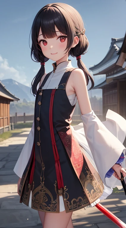 top-quality、ultra-detailliert、careful depiction of the body、human possible regime、Lively、I'm standing with my legs apart、Bend one leg、overlooks、look up to、1girl in、独奏、is standing、A dark-haired、long twintails、red eyes、Sleeveless dress、Gradient clothes from black to blue、Beautiful embroidery pattern on the hem、bangss、white glove、gaze、a smile、looking at the viewers、(interview:1.3)、facing each other in the wilderness、good-looking、Beautiful standing figure、Holding a Japan sword、White blade、sparkling blade、dust flying、shell casings are scattered、rolling hand gun、abandoned pistol、Desolate Bill County、battle field、At dusk、cut with a sword、Affectionate look、Upbeat cheeks、Dirty eyes、wistful mouth、Thinly opened mouth