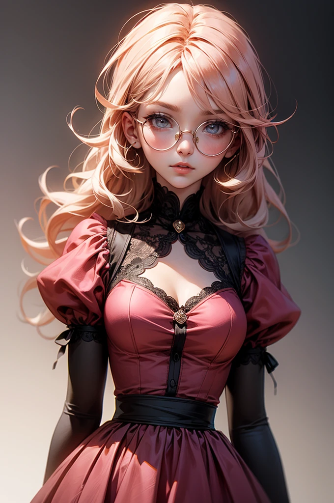 Anime girl tuxedo with curly rose gold hair and round gold glasses, rose gold eyes. Guviz style art, attractive detailed art style, Charlie Bowater Style, 1 7 - - old e anime girl, detailed manga style, detailed anime character art, germ of art. High detail, stunning manga art style. Rose dress. (pink dress) . Wearing rose gold Victorian clothing.