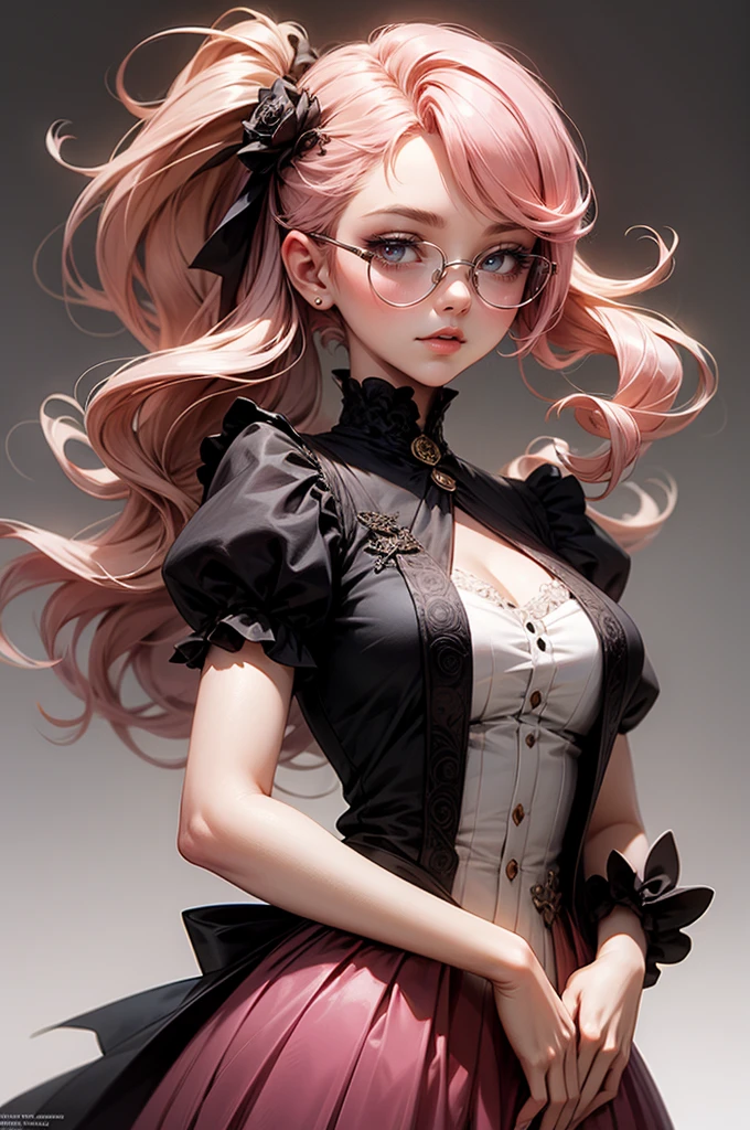 Anime girl tuxedo with curly rose gold hair and round gold glasses, rose gold eyes. Guviz style art, attractive detailed art style, Charlie Bowater Style, 1 7 -  - old e anime girl, detailed manga style, detailed anime character art, germ of art. High detail, stunning manga art style. Rose dress. (pink dress) . Wearing rose gold Victorian clothing.