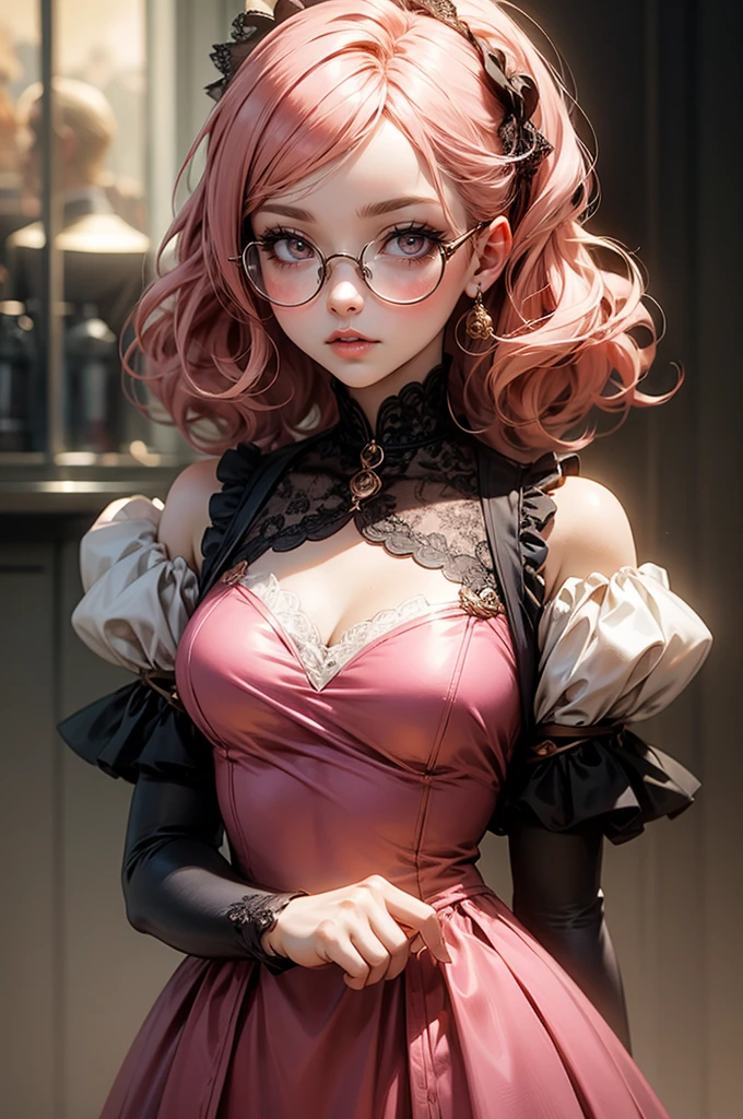 Anime girl tuxedo with curly rose gold hair and round gold glasses, rose gold eyes. Guviz style art, attractive detailed art style, Charlie Bowater Style, 1 7 -  - old e anime girl, detailed manga style, detailed anime character art, germ of art. High detail, stunning manga art style. Rose dress. (pink dress) . Wearing rose gold Victorian clothing.