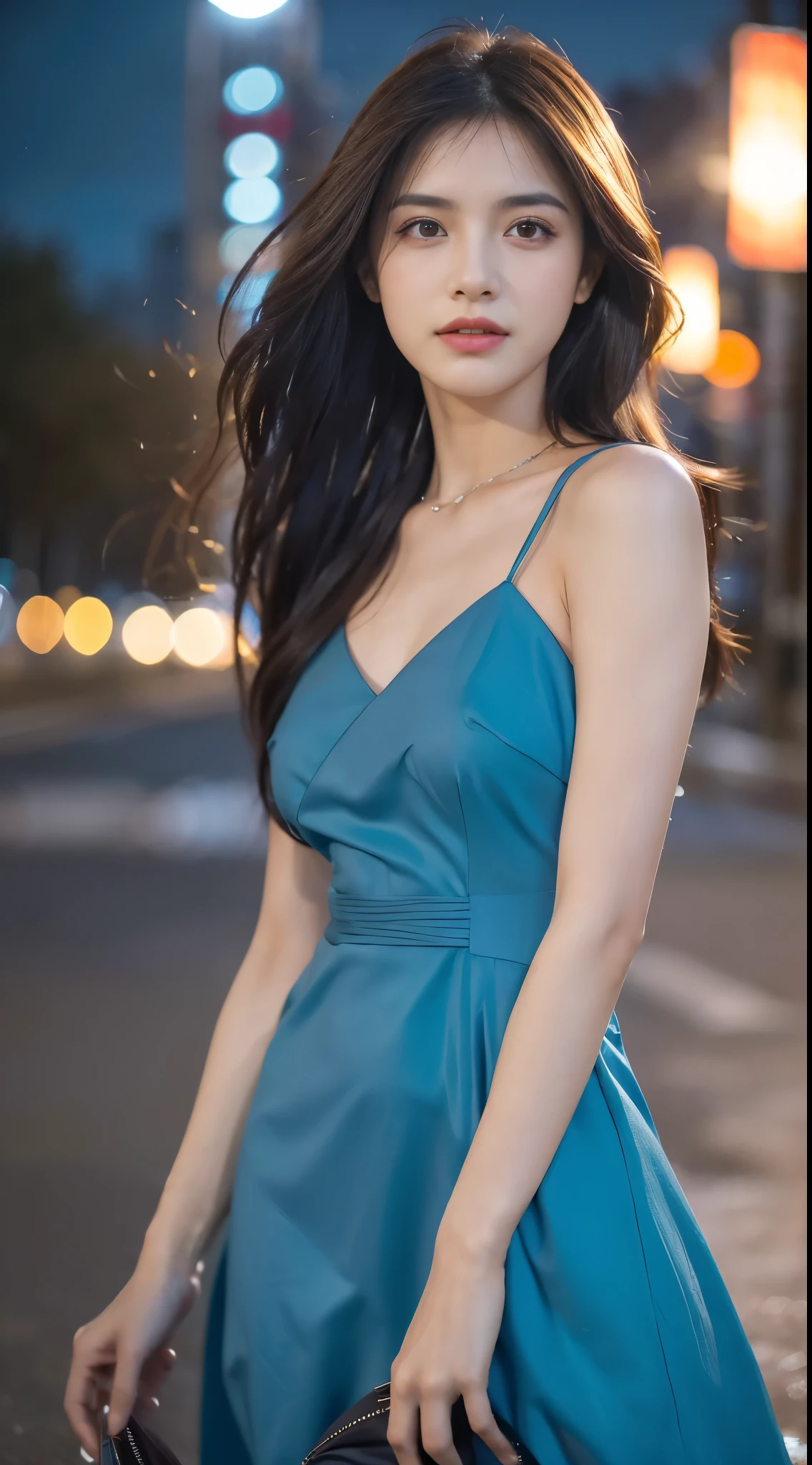 Obra maestra, La mejor calidad, ultra-high resolution, Foto de alto detalle, Unidad 8K Fondo de pantalla, CG extremadamente detallado:1.2),(Foto RAW:1.realistic photography:1.4), 1girll , joven, physically based representation, beautiful, (Cara finamente detallada:1.4, Ropa detallada), (Detallado:1.4) Cara hermosa, Profundidad de campo, Agregar capa, hiperrealista, 27 years old, Modelo de cuerpo perfecto, senos perfectos, 175cm de altura, pose sexy, cuerpo completo, Tipo de cuerpo del modelo, (Blue Dress: 1.4), (Outdoor, Night: 1.1), Cabello largo, Eimi Fukada, doble parpado, night sky, cold light, professional lighting, bokeh