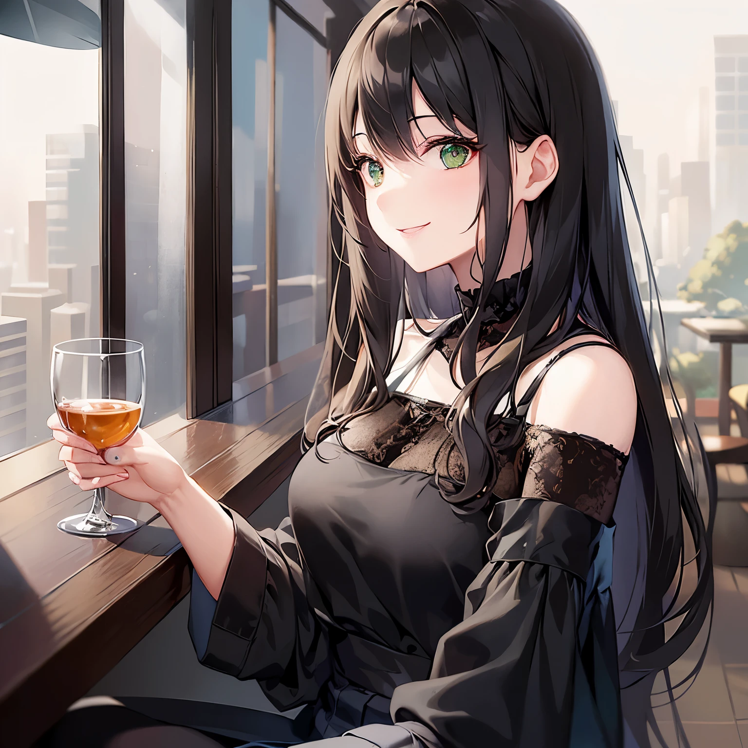 (looking side:1.5), ​masterpiece、top-quality、 40 year old woman with green eyes、She wears a black off-the-shoulder blouse、(smile:1.3)、sitting on、The background is a restaurant、sitting on、Bold composition、Upper body is shown、Alone、