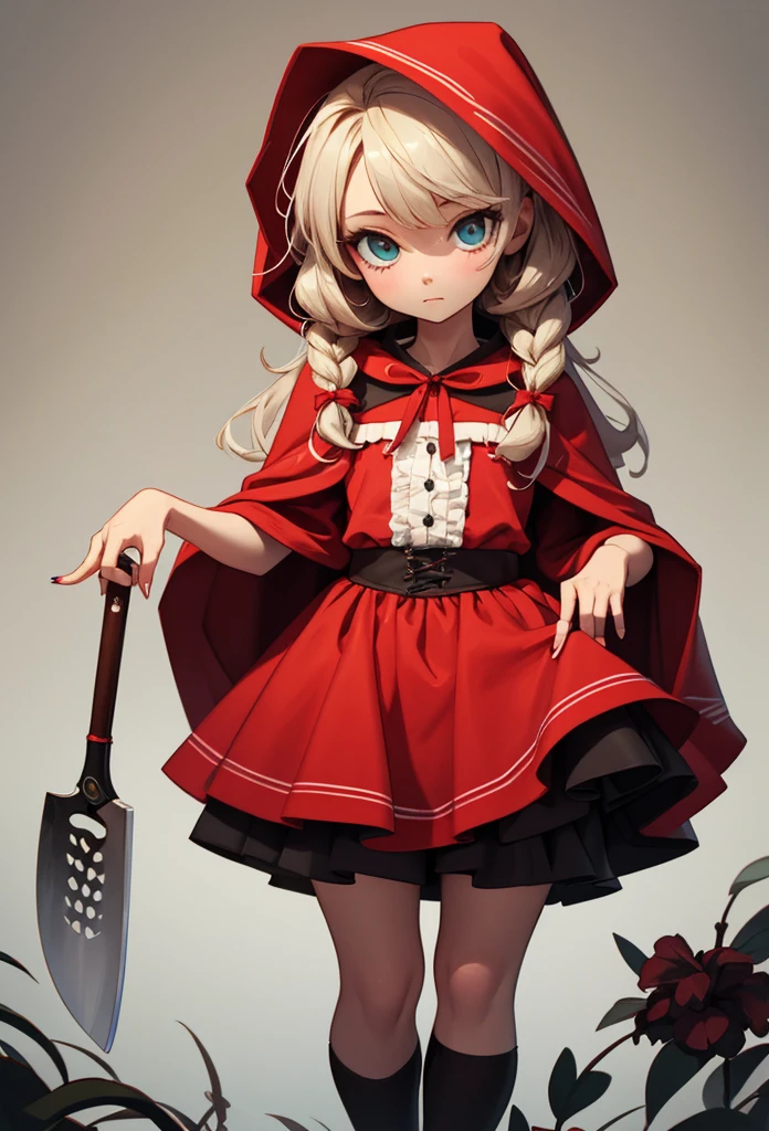 (Detailed illustrations,Very detailed and detailed drawing,Delicate lines with slow and rapid,Realistic texture expression),[Color tressed main line],[deep nordic forest],((irish girl) Beauty 13 years old) [Braided hair] Medium flesh and middle back,((Little Red Riding Hood)Apron Dresses[(frilld) bow ribbon]) [Meat cleaver],gravure[[bizarre atmosphere]Gothic horror],(Fine and beautiful skin expression [Transparency]),[完璧な目のdetaileds (Iris beautifully drawn in every detail)[Jewel-like eyes]],[long and beautiful eyelashes],[Meticulously drawn hair [美しく艷やかな髪のdetaileds]],(完璧な手のdetaileds [Beautiful fingers without breakdowns [Beautiful nails]]),(Perfect Anatomy(Perfectly proportioned))[[Full body like]],[Ideal color coordination(Accurate simulation of light-material interactions)],([Precision Detail](detaileds,high-detail)),[[Pale and gentle colors]][Visual art that conveys a sense of narrative] [[Eros in the Natural Body]].