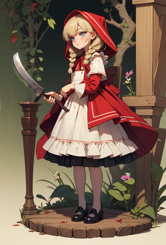 (Detailed illustrations,Very detailed and detailed drawing,Delicate lines with slow and rapid,Realistic texture expression),[Color tressed main line],[deep nordic forest],((irish girl) Beauty 13 years old) [Braided hair] Medium flesh and middle back,((Little Red Riding Hood)Apron Dresses[(frilld) bow ribbon]) [Meat cleaver],gravure[[bizarre atmosphere]Gothic horror],(Fine and beautiful skin expression [Transparency]),[完璧な目のdetaileds (Iris beautifully drawn in every detail)[Jewel-like eyes]],[long and beautiful eyelashes],[Meticulously drawn hair [美しく艷やかな髪のdetaileds]],(完璧な手のdetaileds [Beautiful fingers without breakdowns [Beautiful nails]]),(Perfect Anatomy(Perfectly proportioned))[[Full body like]],[Ideal color coordination(Accurate simulation of light-material interactions)],([Precision Detail](detaileds,high-detail)),[[Pale and gentle colors]][Visual art that conveys a sense of narrative] [[Eros in the Natural Body]].
