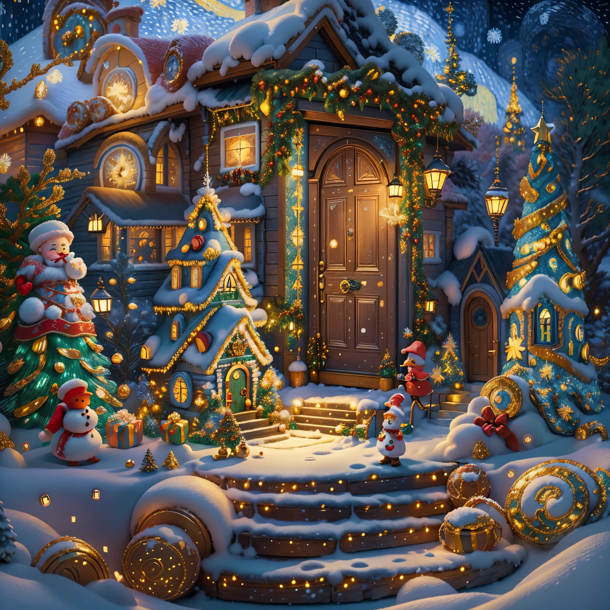 (tmasterpiece),（ultra - detailed:1.3），Best quality，（Sparkling:1.2），（Christmas courtyard in a dreamy fairy tale:1.4），(Van Gogh style door Christmas decorationlower ring: 1.7),（The moon is empty），((Delicious sweets，Christmas tree, gifts, Christmas stockings, cute gingerbread man，chocolate house splash)), Illustration style, and decorations, Fantasy Christmas Garden, Lovely design style, natta，snow field，moon full，vivd colour、 ((Whimsical and charming fantasy)), Surreal portrait, (Fantasy themed Christmas cabin), (Whimsical Christmas Accessories), (Colorful, Landscape full of candy), (enchanting, 神奇的Christmas tree), (A vibrant one, Candy-colored courtyard), (Candy Road), (Candy Cottage) in distance, (Like a mirror, 不对称tmasterpiece钟表配件), (Rich, fantasticcolors), (Twinkling stars) Elevated, (four dimensional dream), (Charming and charming atmosphere), (Playful composition), (Vivid lighting effects), 1.4x more realism，hyper HD，Shown in this beautiful scene，（Very meticulous，Reasonable design，Clear lines，High- sharpness，tmasterpiece，offcial art，movie light effect，8K)