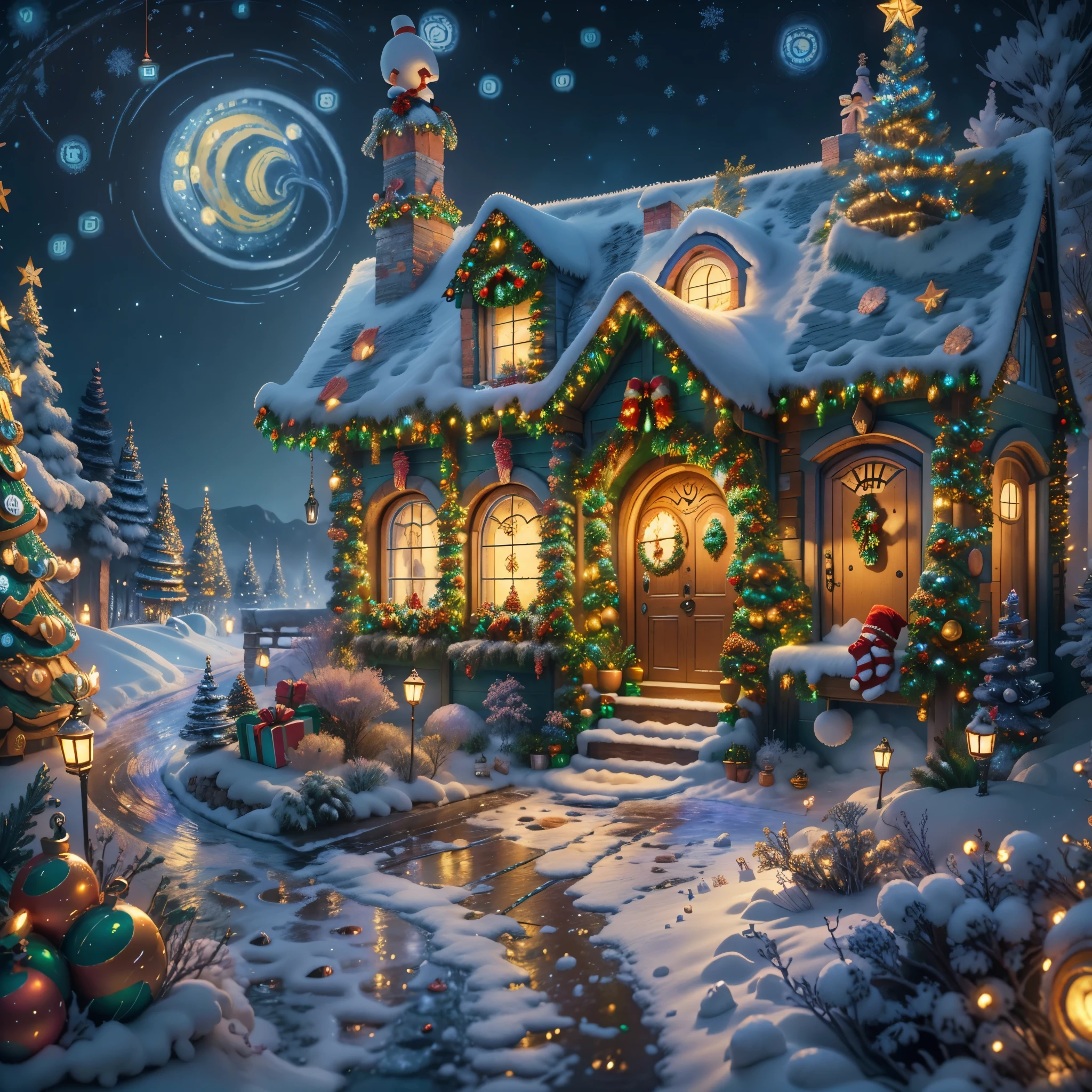 (tmasterpiece),（ultra - detailed:1.3），Best quality，（Sparkling:1.2），（Christmas courtyard in a dreamy fairy tale:1.4），(Van Gogh style door Christmas decorationlower ring: 1.7),（The moon is empty），((Delicious sweets，Christmas tree, gifts, Christmas stockings, cute gingerbread man，chocolate house splash)), Illustration style, and decorations, Fantasy Christmas Garden, Lovely design style, natta，snow field，moon full，vivd colour、 ((Whimsical and charming fantasy)), Surreal portrait, (Fantasy themed Christmas cabin), (Whimsical Christmas Accessories), (Colorful, Landscape full of candy), (enchanting, 神奇的Christmas tree), (A vibrant one, Candy-colored courtyard), (Candy Road), (Candy Cottage) in distance, (Like a mirror, 不对称tmasterpiece钟表配件), (Rich, fantasticcolors), (Twinkling stars) Elevated, (four dimensional dream), (Charming and charming atmosphere), (Playful composition), (Vivid lighting effects), 1.4x more realism，hyper HD，Shown in this beautiful scene，（Very meticulous，Reasonable design，Clear lines，High- sharpness，tmasterpiece，offcial art，movie light effect，8K)