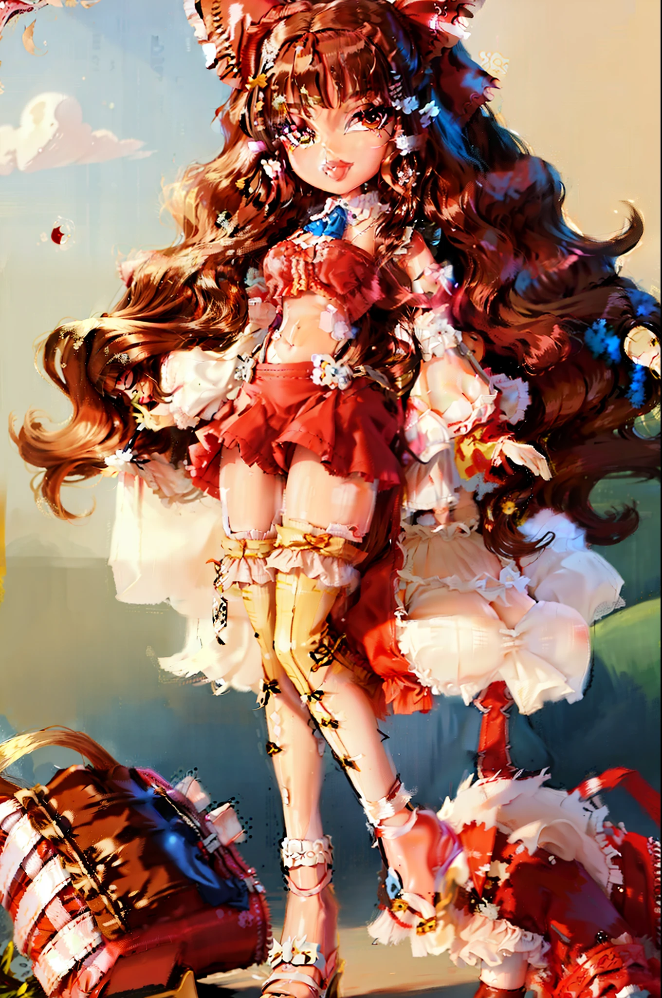 (masterpiece, top quality, best quality, beautiful and aesthetic:1.2), Reimu Hakurei, doll, revealing clothes, big head, 1girl, solo, breasts, curvy, wide hips, narrow waist, joints, doll joints, cleavage, bursting breasts, huge breasts, lips, bow, hair_bow, hair_tubes, red_bow, brown_hair, long_hair, bangs, sidelocks, ascot, brown_eyes, frilled_bow, yellow_ascot, blush, smile, hair_between_eyes, full body, high heels, thighhighs
