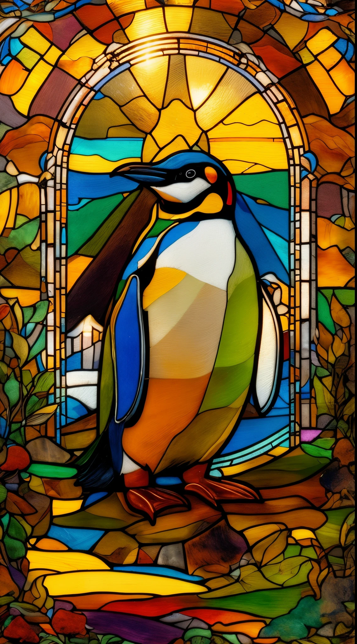 a close up of a stained glass window with a penguin on it, stained glass art, golden twilight stained glass, stained glass background, glowing stained glass backdrop, stained glass style, stained glass, anthropomorphic penguin, stained glass window, stain glass, intricate stained glass, masterpiece stained glass, maxim verehin stained glass, penguin, backlit stained glass