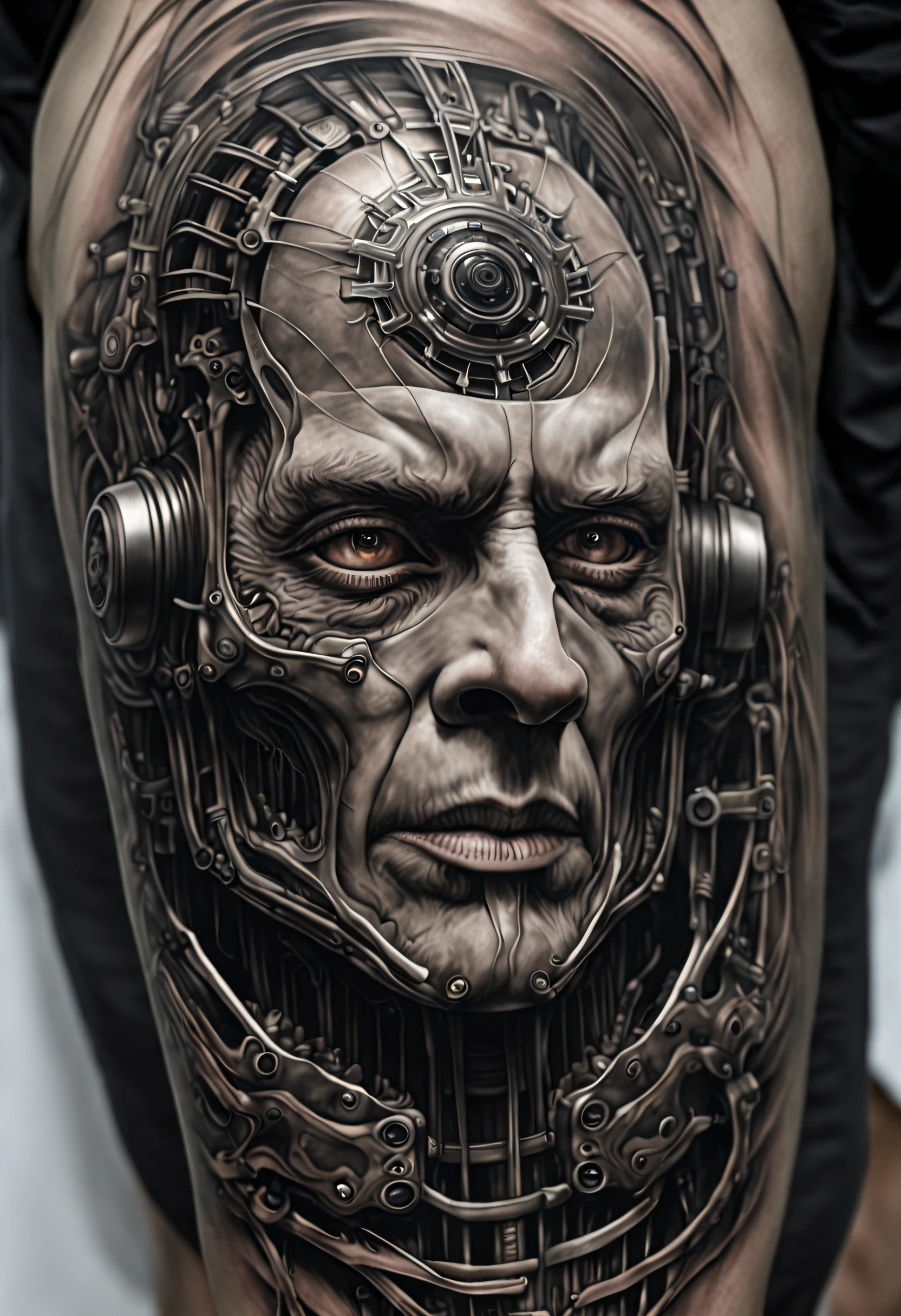 desenhos de tatuagem, Surrealismo, Stunning full body biomorphic fine lines malignant biomechanical interface, hyper-realistic biomechanical machines, very detailed pieces in black paint