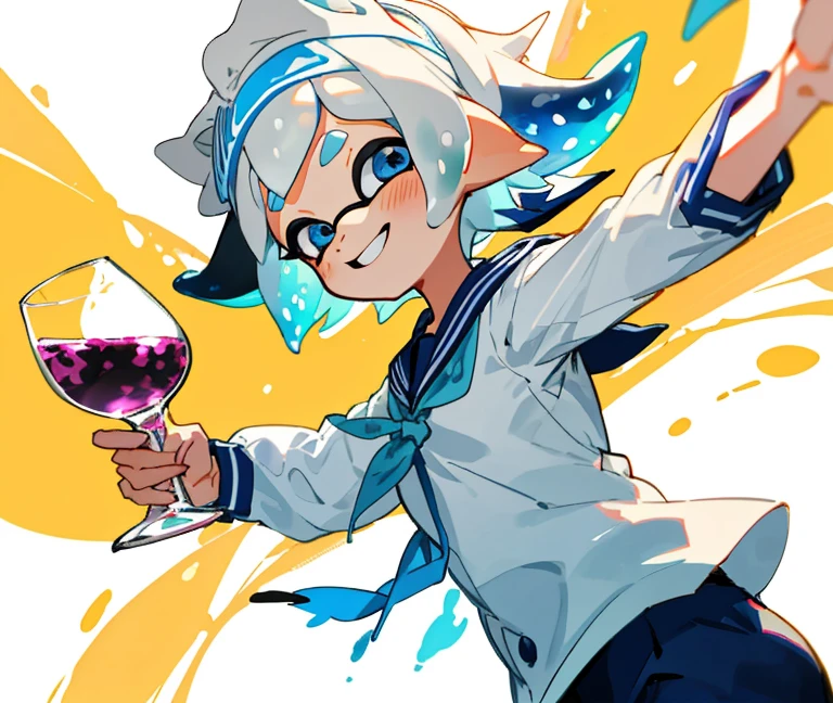 splatoon girl ranch、short-hair、wine glasses、cute little、A bouncy smile,a sailor suit、No background、Light shines on the face、black feather headband、Blue eyes、White hair