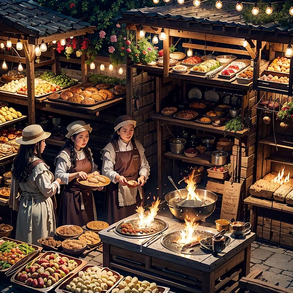 austere mountain roman village plaza lively bustling many people outdoor cooking kitchen market