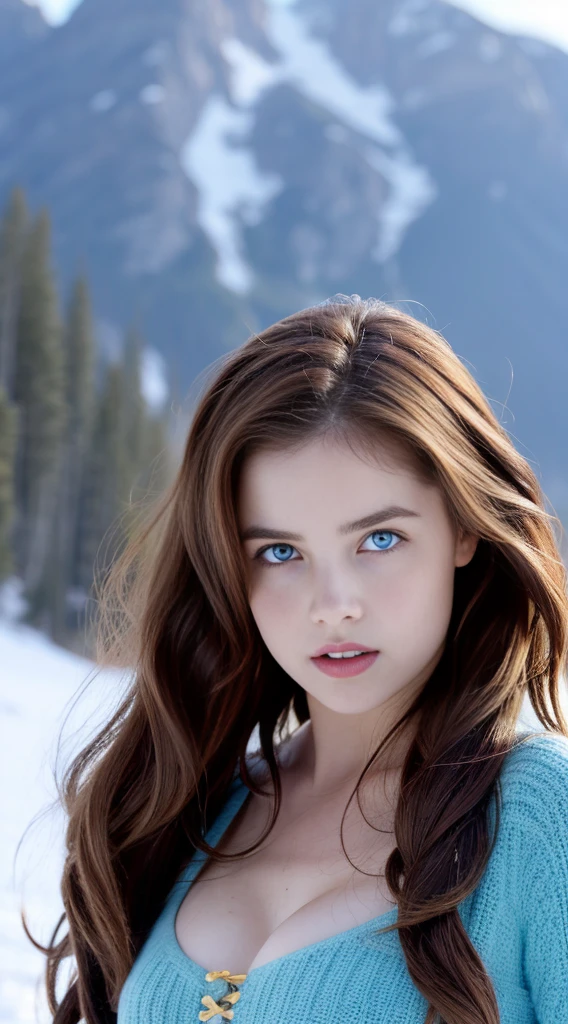 Pretty woman, similar to Zoey Deutch,cute,huge natural breasts, red hair curly/flowing, detailed dark BLUE eyes and face, not to skinny, naughty smile, make it ultra-realistic, western european girl, in the snow in the mountains, clothing colour needs to be anything but green, extremely detailed blue eyes, extremely long wavy red hair, extremely long hair with 2 ponytails, extremely detailed blue eyes, wearing a wrath, detailed photo - 8K, Extremely high quality