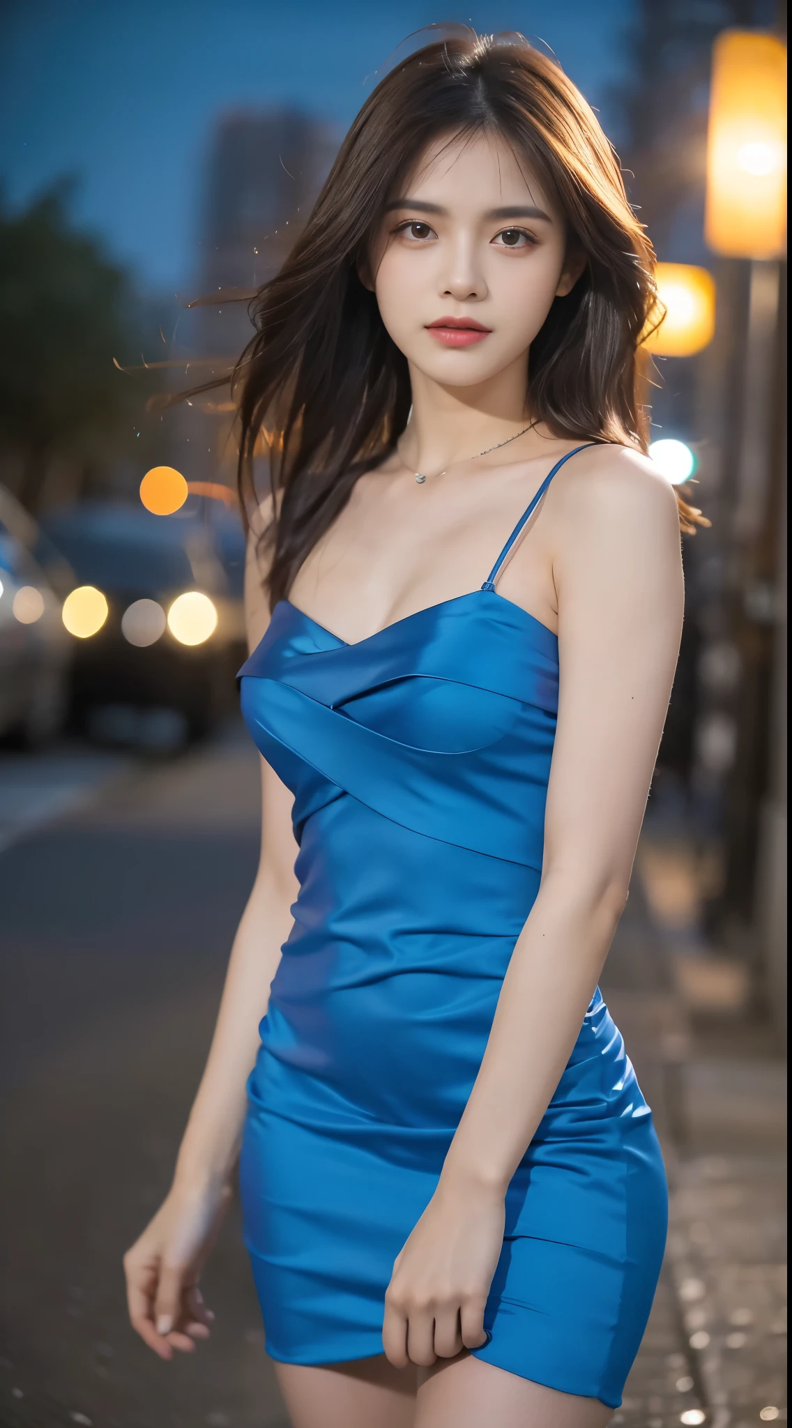 Obra maestra, La mejor calidad, ultra-high resolution, Foto de alto detalle, Unidad 8K Fondo de pantalla, CG extremadamente detallado:1.2),(Foto RAW:1.realistic photography:1.4), 1girll , joven, physically based representation, beautiful, (Cara finamente detallada:1.4, Ropa detallada), (Detallado:1.4) Cara hermosa, Profundidad de campo, Agregar capa, hiperrealista, 27 years old, Modelo de cuerpo perfecto, senos perfectos, 175cm de altura, pose sexy, cuerpo completo, Tipo de cuerpo del modelo, (tight Blue Dress: 1.4), (Outdoor, Night: 1.1), Cabello largo, Eimi Fukada, doble parpado, night sky, cold light, professional lighting, bokeh