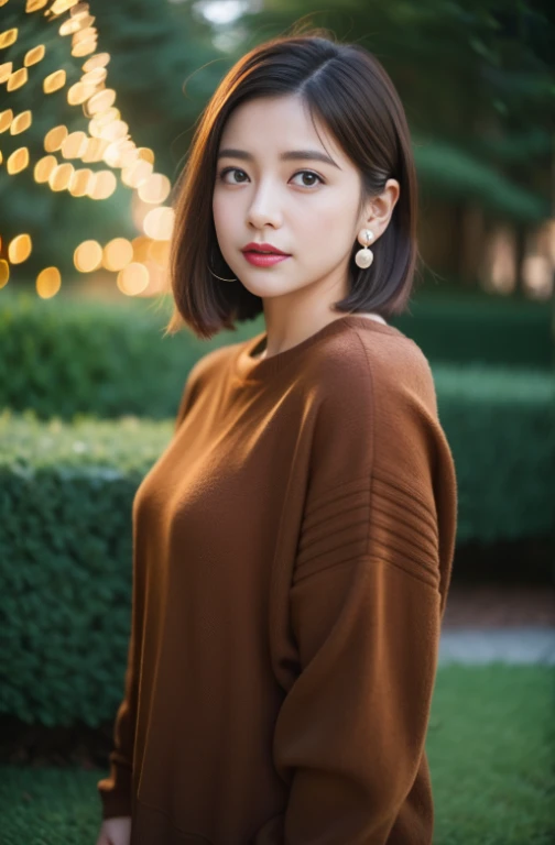 1girl in, Christmas tree, Christmas Lights,brown_Eyes, brown_hair, in co, Cross_earrings, Pearl earrings, pearl accessories、Shrine of Japan、dance、jewely, s lips, Shorthair, up looking_で_viewer, plein air, Yuki, Yuki, 独奏, The tree, 上半身_Body, Winters, Winters_Clothes, Detailed_Eyes,Point your chest at the camera、Put your ears out、The face of the golden r io、The Body of the golden rでio、top-quality、The ultra -The high-definition、bangss