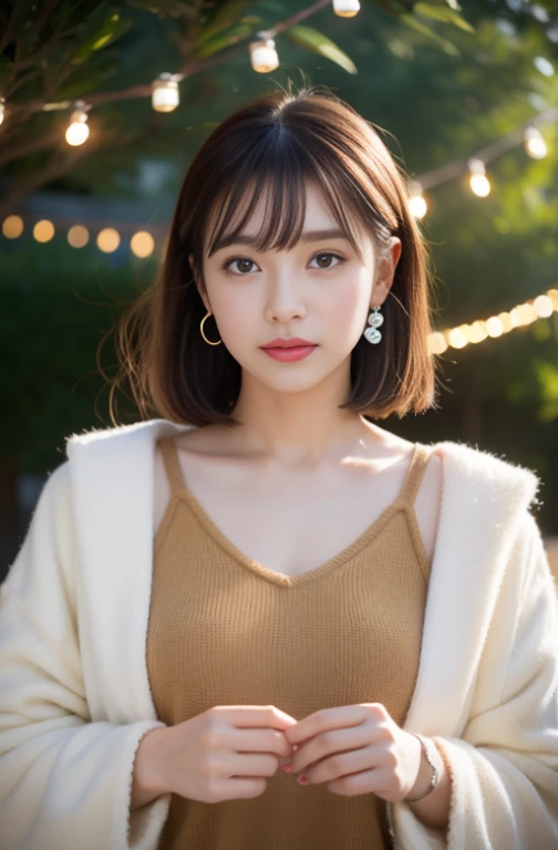 1girl in, Christmas tree, Christmas Lights，brown_Eyes, brown_hair, in co, Cross_earrings, Pearl earrings, pearl accessories、Shrine of Japan、dance、jewely, s lips, Shorthair, up looking_で_viewer, plein air, Yuki, Yuki, 独奏, The tree, 上半身_Body, Winters, Winters_Clothes, Detailed_Eyes,Point your chest at the camera、Put your ears out、The face of the golden r io、The Body of the golden rでio、top-quality、The ultra -The high-definition、bangss