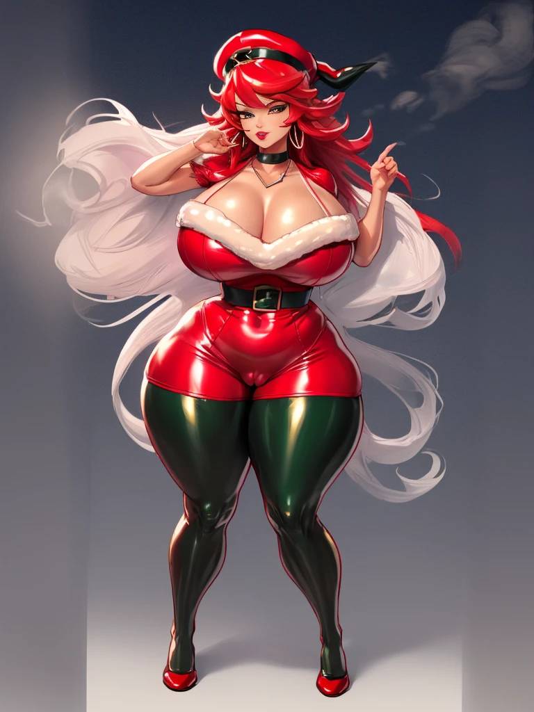 1980's, Masterpiece, full body view, living inflatable  doll, floating in Victorian living room to decorated Christmas tree, poison, long latex Santa hat, blunt bangs, (mole under eye:0.7), (extra long voluminous and thick neon pink hair with cerise highlights), (thick pouty lips blowing kiss), (hyper bred thighs), (decorative and fancy silver cross earrings), (giant gold necklace with giant cross), (tight red and white Santa corset and dress with white fur trimming), (inflated hyper futa bulge in pants), (long striped red and white stockings), (thick flat green dress shoes), seductive look towards viewer