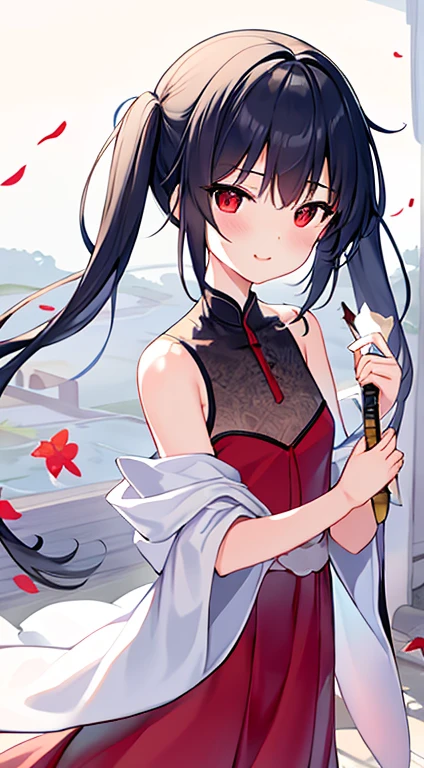 top-quality、ultra-detailliert、careful depiction of the body、human possible regime、Hugging、look up to、1girl in、独奏、leaning towards the viewer、frontage、long twintails、red eyes、Sleeveless dress、Gradient clothes from black to blue、Beautiful embroidery pattern on the hem、bangss、white glove、gaze、a smile、looking at the viewers、(interview:1.3)、facing each other in the wilderness、good-looking、Beautiful standing figure、Holding a Japan sword、White blade、sparkling blade、dust flying、shell casings are scattered、rolling hand gun、abandoned pistol、Desolate Bill County、battle field、At dusk、cut with a sword、Affectionate look、Upbeat cheeks、Dirty eyes、wistful mouth、Thinly opened mouth、You can see cleavage、large udder