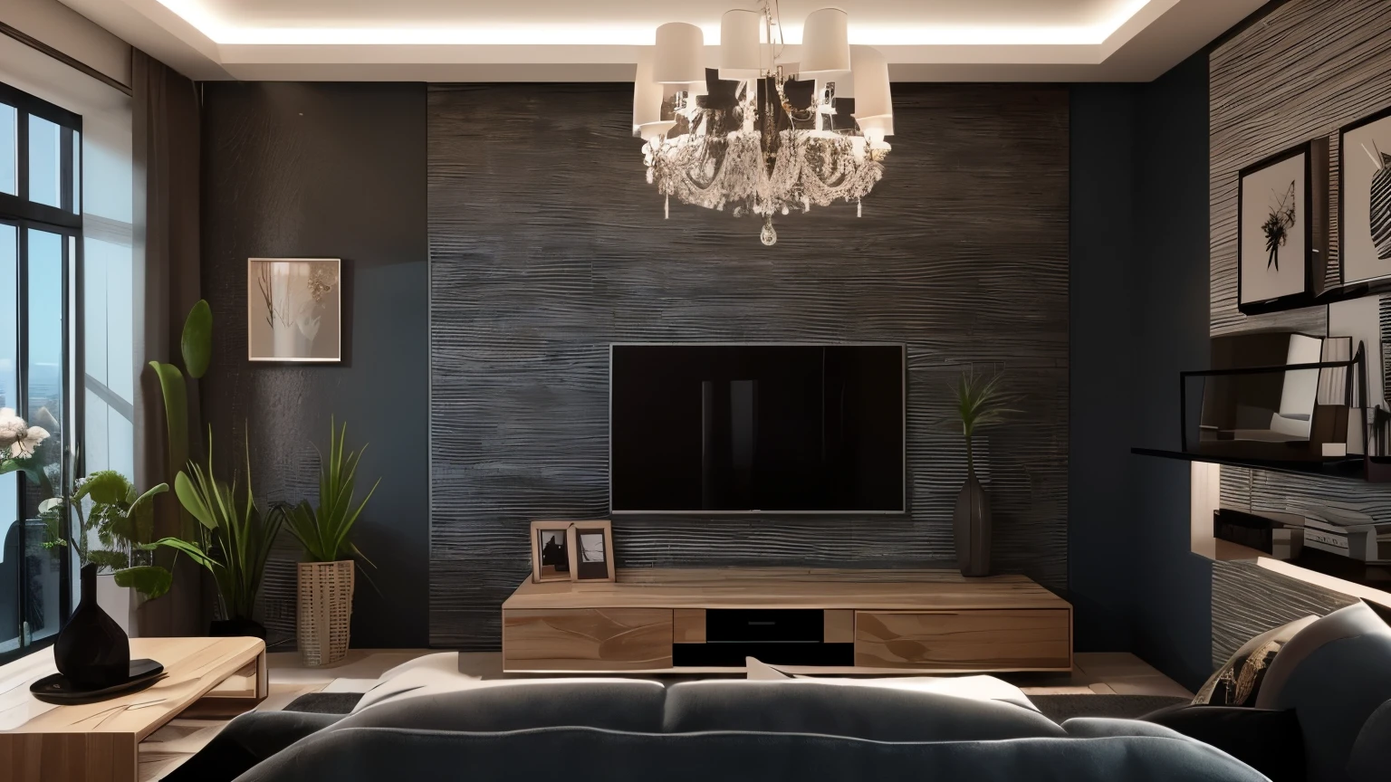there is a living room with a couch, chair, and television, in style of 3d render, cinematic accent lighting, apartment with black walls, high quality 3d render, high quality 3 d render, dark and modern, professional 3d render, 3 d render 8 k, 3d render 8k, luxury hd render, product render, 8 k 3 d render