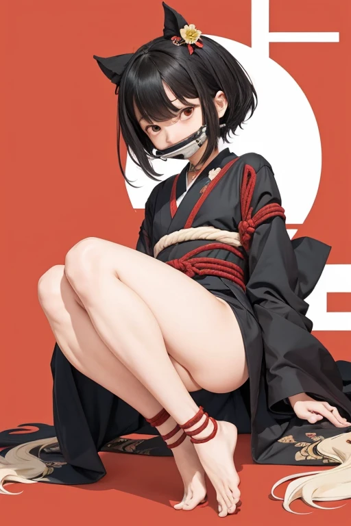 (Illustration of the best quality:1.2), (Chica kawaii:1.0), (1girl, solamente:1.0), (cabello negro, pelo corto negro:1.0), (kimono rojo, Tsubaki Pattern:1.0), (They are smiling:0.6), (parte superior del cuerpo:1.0), (ultra detallado, Altas Resoluciones:1.0), (SI NSFW) atado, Shibari, BDSM, servidumbre, hands atado behind, Boca amordazada, bare feet atado, Hogtie, takate kote, ball gag