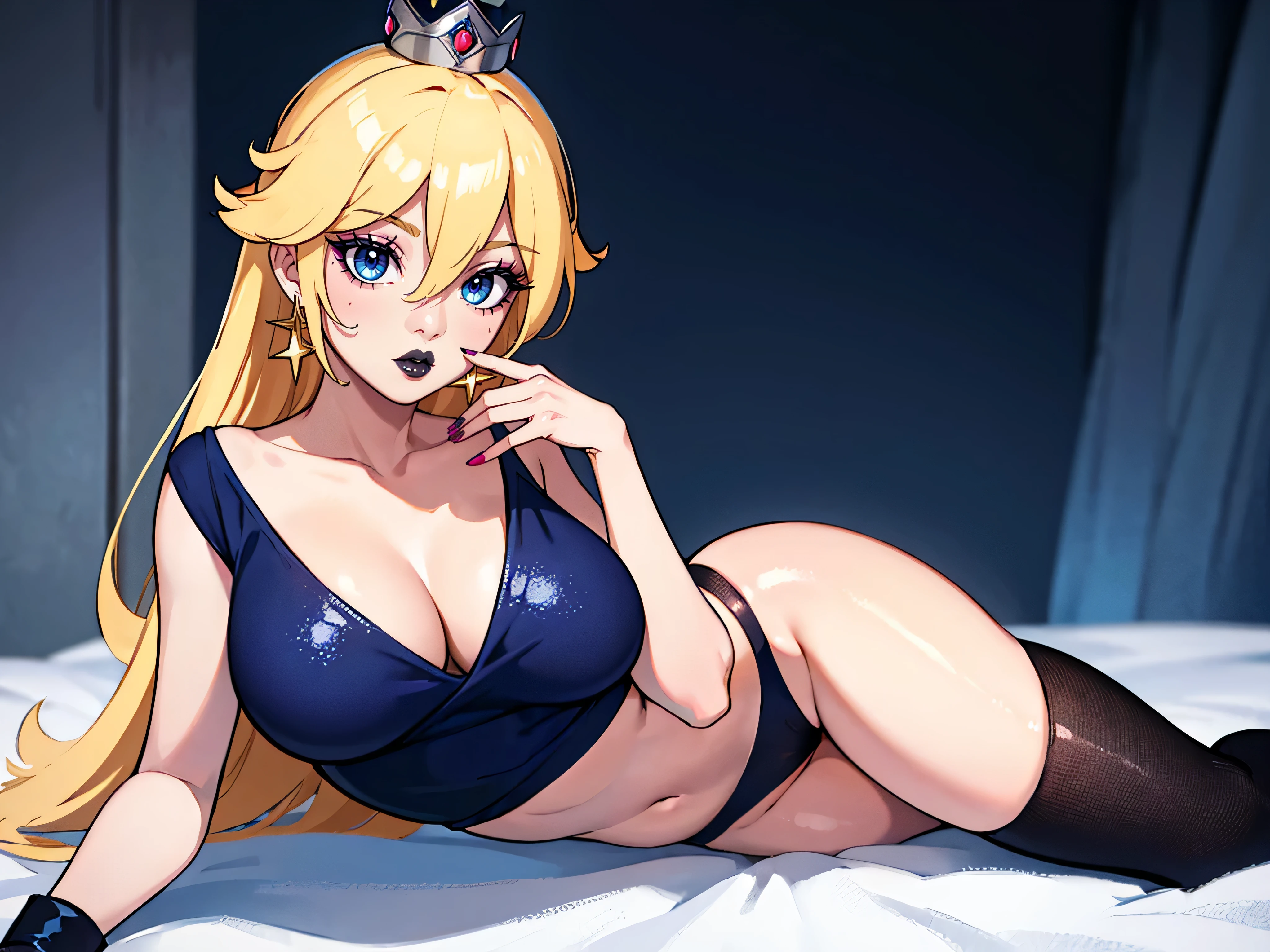 ((high detailed, best quality, 4k, masterpiece, hd:1.3)), ((best quality)), ((HD)), ((8k)), (ultra HD), Snowy Forest background, snowflake pattern, frozen forest, (panoramic shot), a full-length shot of Rosalina lying on the snow on the floor in the winter mountain, (solo:1.3), neon blue eyes, BREAK blue eyes, seductive, attractive, shy_smile, smooth anime cg art, 36C_breasts, cleavage, long legs, vivid colors, detailed digital art, slim body, perfect skin, blonde hair, blue eyes, hair over one eye, long hair, wet hair, crown, jewelry, star earrings, BREAK crown, looking at viewer, BREAK looking at viewer, extremely detailed face, using only a navy_blue_T-shirt, Navy blue mini T-shirt, blue T-shirt, dark_blue_T-shirt, dark blue T-shirt, mini dark shirt, sexy_mini_navy_blue_thong, sexy_mini_navy_blue_gstring_thong, sexy_mini_dark_blue_thong, sexy_mini_dark_blue_gstring_thong, gem, (navy blue high heels), (dark blue high heels), (high heels), dark black makeup lips, dark gothic eyeshadows, dark eyeshadows, black eyeshadows, black sexy lips, black lips, (dark:1.2), dark lips, very dark lips, (perfect_hands), (perfect_anatomy), (only two leglack makeup, black medium lips, detailed_fingers, five_fingers_per_hand, 5_fingers, five_fingers, (1 girl), ((1 solo girl)), detailed_lips, detailed black lips, black painted lips, gothic painted lips, (off shoulder:1.1),