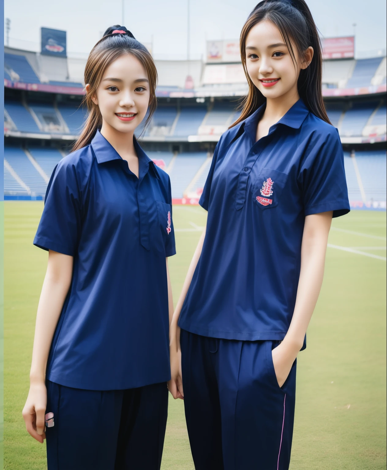 (bestquality,10,10,highres,masterpiece:1.2),ultra-detail,(Realistic,ภาพRealistic,photo-realistic:1.37),1 Cute girl in the football field,oily shiny skin,bara,light smile,BDclothelue shirt:1.3)),short sleeves,shirt, trousers.,(navy_long_ติดตามtrousers:1.1), ((Stadium Background:1.3)),dynamic angle,excited,face focus,Dynamic Poses,from behide,Ass Focus,masterpiece, bestquality, ultra realistic, hyper-detail, 8k resolution, RAW photo, crisp focus, ((Navy blue shirt:1.1)), short sleeves, เส้นทางlong, Complete bodyแบบ, 2 mature women, 18yo, cinematic light,trousersวอร์มสีน้ําเงิน,Gymware,Correct anatomy,Complete body, Correct body, sharp face, Correct bodyทางกายวิภาค, full entire body, Realistic gestures, long-haired, Realistic poses,Wear long shorts................................,ช่วงขาlong,Shapely,Sculpting Girl, Slender Figure, mannequin mannequins, Shapely, Beautiful body,trousersวอร์มสีน้ําเงิน, Two girls kissing