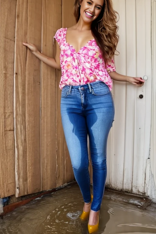 tall thin attractive blonde woman with long legs, blue eyes, messy bob hair, wavy hair, tight blouse and skinny jeans, high heel pumps, show heels, inviting smile, peeing self, shins wet with pee, jeans gleaming wet with pee, standing in puddle of pee, pee stream from crotch of jeans