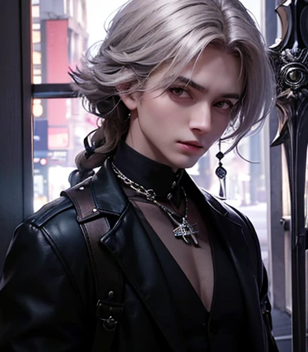 Cross Accessories、silber hair、Wear a blue aura、Good looking men、Look into the viewer's eyes、Please wear a blue aura。masutepiece、Best image、Deities々aura、hold the cross