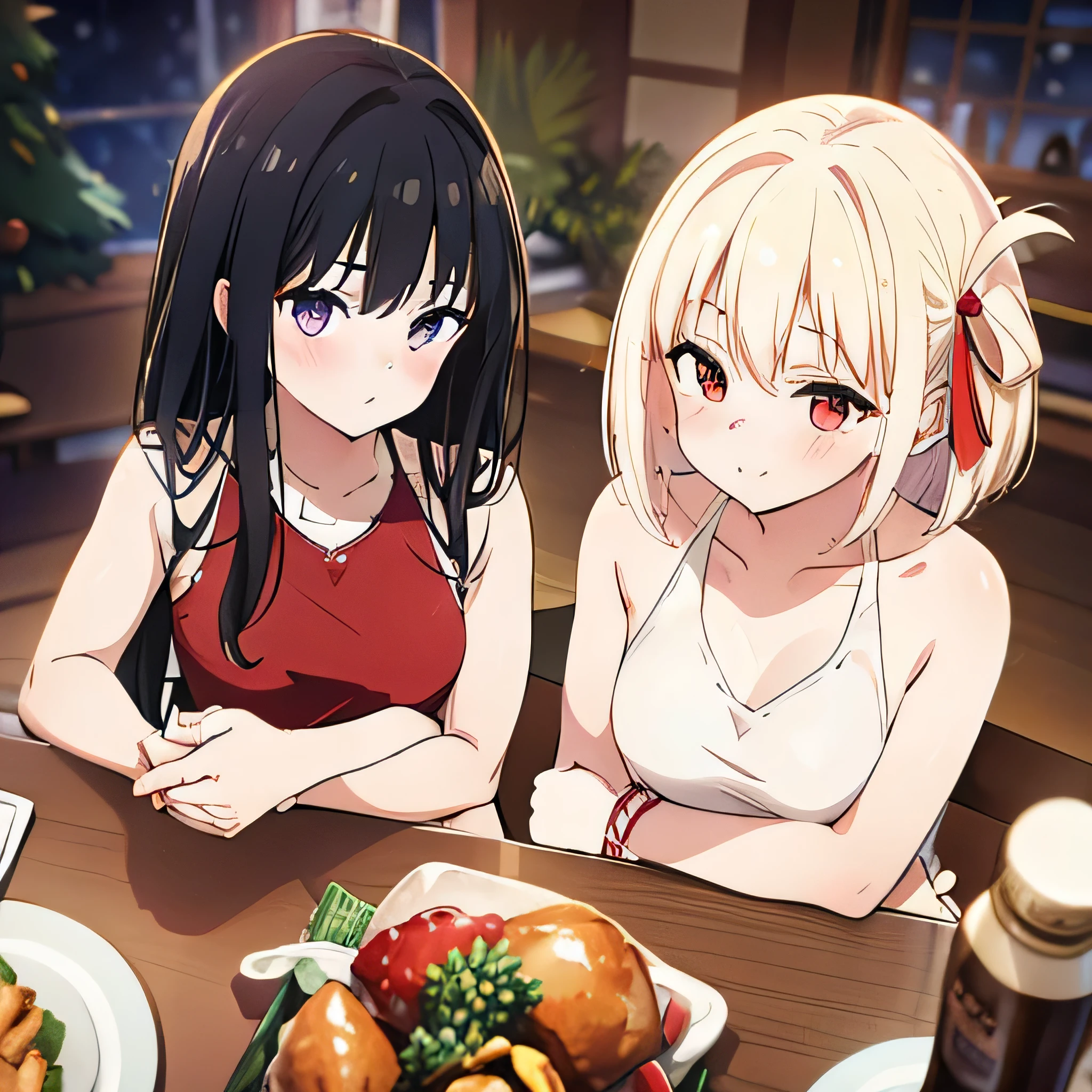 2 girls,Lover's Tsunagi,Christmas Dinner,Santa Cos,Long Black Hair,Blonde Bob