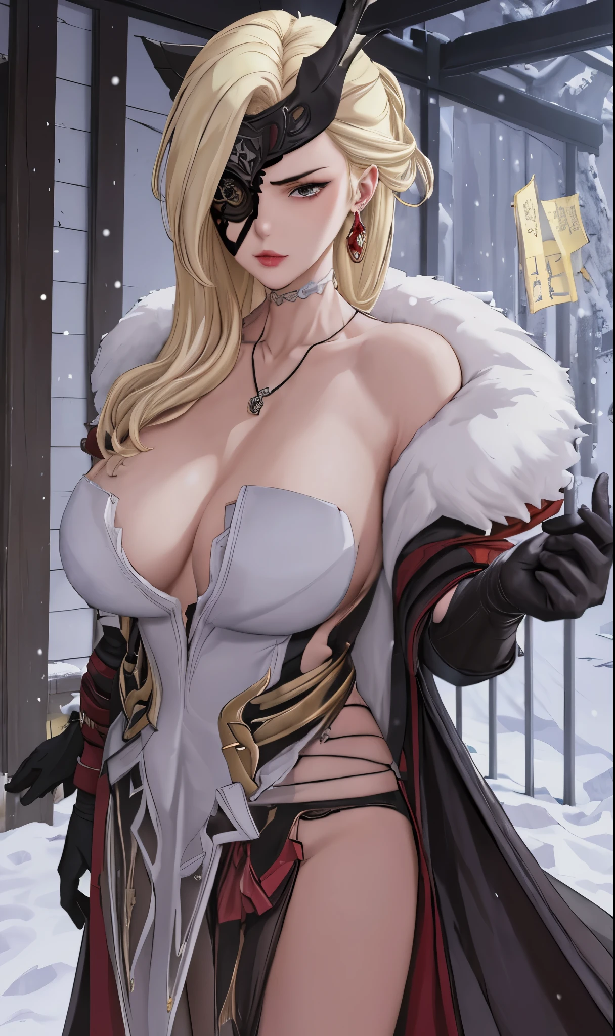 (best quality, masterpiece:1.2), 1 girl, alone
Lady, (Genshin Impact), blonde hair, black mask, eye patch, one eye covered, pendant earrings, fur trim, fur-trimmed coat
Gloves, enormous, cracked
Looking at the audience, (upper body), from below
Winter, snow, castle.