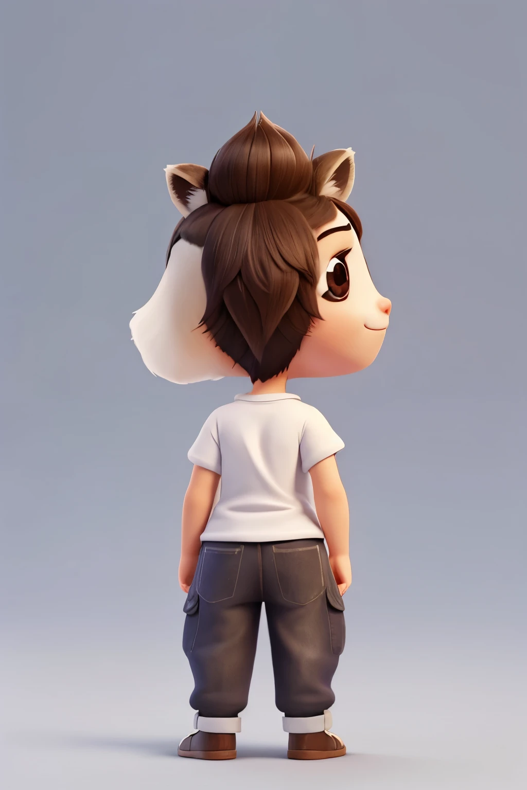 raccoon, chibi, style pixar, Showing back, looking back, a white shirt, White background, Better resolution,