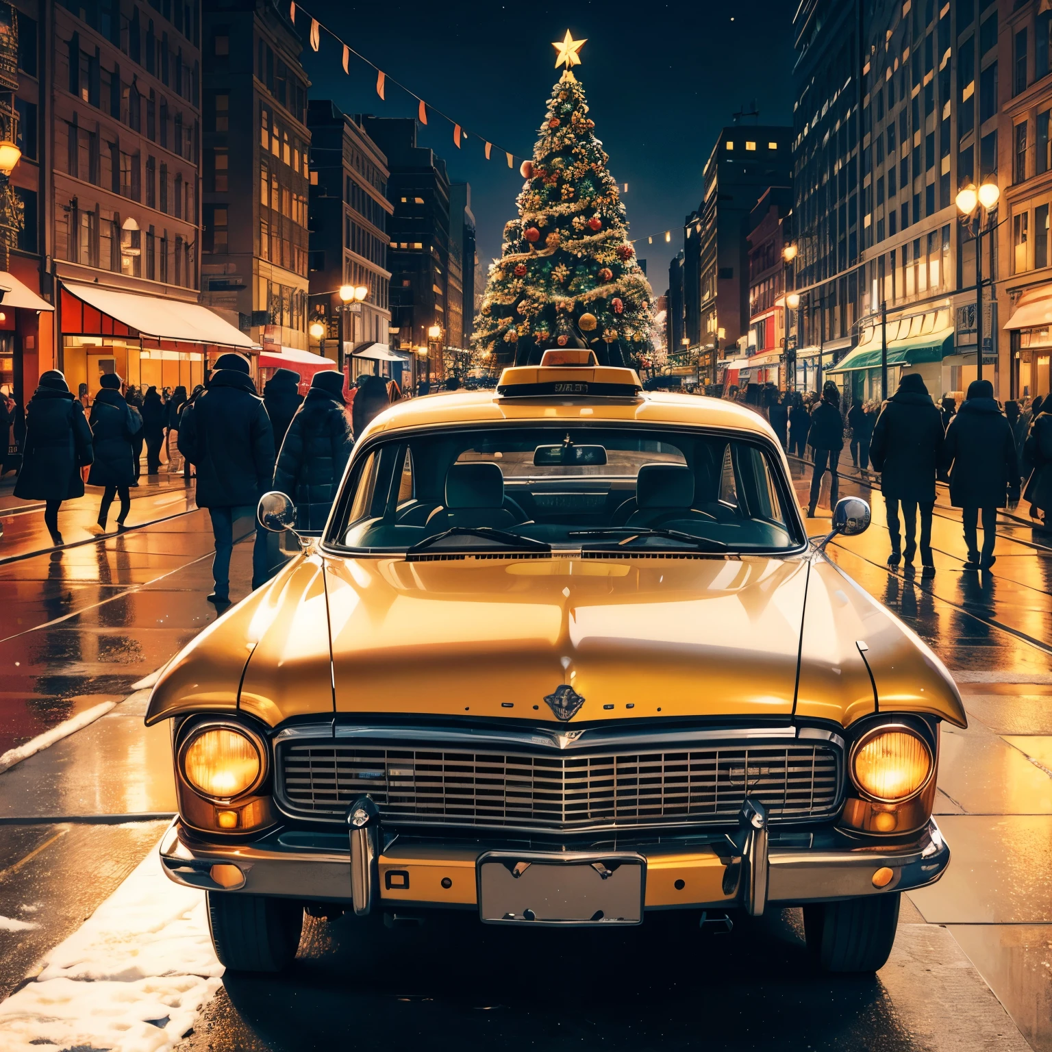(Best Quality,4K,8K,hight resolution,masutepiece:1.2),Ultra-detailed,(Realistic,photoRealistic,photo-Realistic:1.37),,Old yellow taxi,yuki,New York City,down town,Vibrant colors,night scene,Illuminated cityscape,Twinkling lights,Romantic atmosphere,gentle rain yuki,joyful holiday spirit,Vintage Charms,Winter wonderland,Cozy warmth,cheerful holiday decorations,traditional christmas symbols,iconic yellow cab,old memories,blizzard,tinged with nostalgia,Glittering street reflections,peaceful yuki streets,holiday shopping,christmas magic,Enchanting city lights,Yuki pieces gently falling,magical winter scenery,The warm glow of street lights,Crisp winter air,Urban hustle and bustle,pedestrians passing by,enchanting holiday atmosphere,celebratory cheers,A dazzling holiday display,Endless possibilities on a winter night in New York,A Christmas Wreath is attached to the front grill of yellow cab.checker cab,taxi cab,1960s (style)