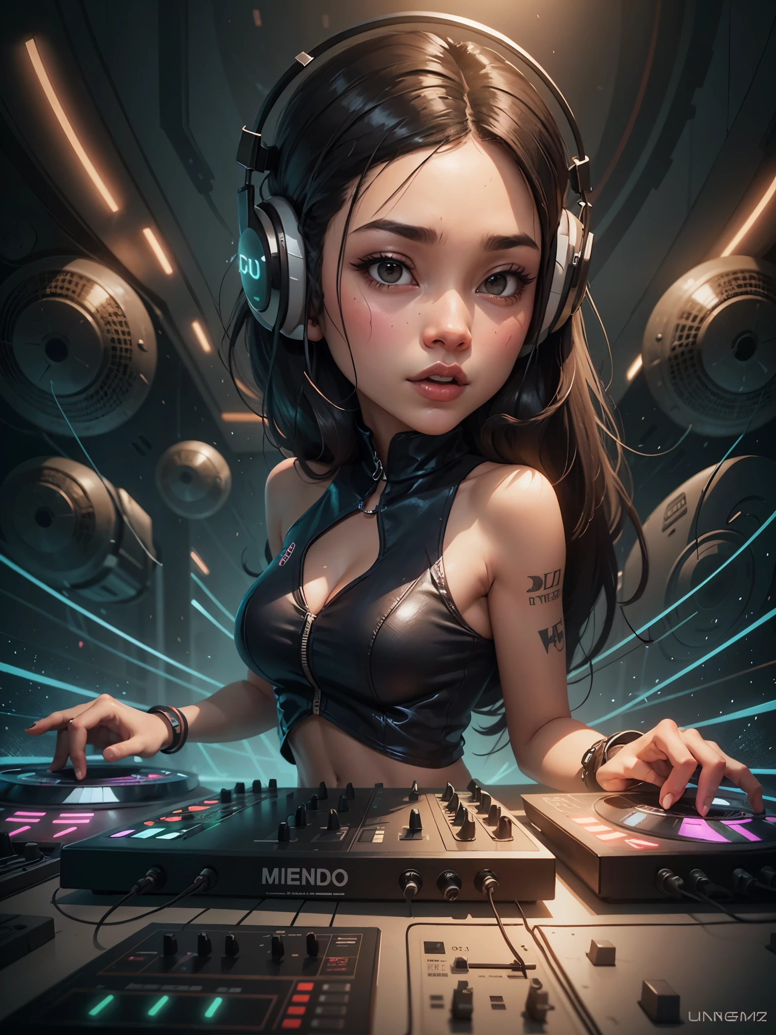 a cartoon girl dj playing music in a nightclub, beautiful black haired woman, Chest and Navel covered, background artwork, glowwave girl portrait, cartoon digital painting, fanart, stylized digital illustration, digital cartoon painting art, cartoon artstyle, cartoon digital art, jen bartel, digital art cartoon, alice x. zhang, dj sura, stylized digital art, official artwork, by Eddie Mendoza