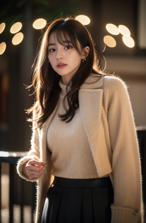 1 girl in, Christmasツリー, Christmas，Brown eyes, Brown coat， Fluffy skirt，gray tulle skirt，Black short boots，pearl accessories，jewely, Glossy lips, Shot from a distance，snowflakes falling，ホワイトChristmas，full body photographed， Sparkling illumination, Winters, Winters服, see the whole body，Put your ears out、golden balance face，top-quality、The ultra -The high-definition、bangss