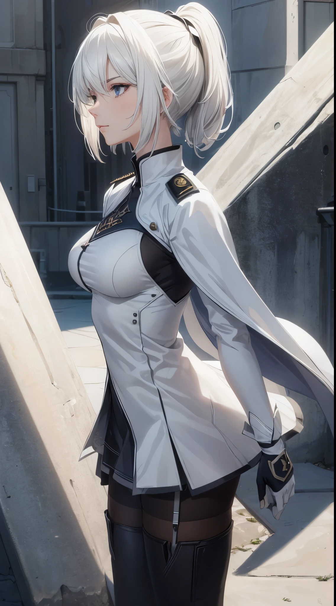 (extremely detailed CG unity 8k wallpaper), (masterpiece), (best quality), (ultra-detailed), (best illustration), (best shadow), (absurdres), 2b, 1girl, short hair, short ponytail, normal size boobs, white hair, blindfold solo, Intimidating women, admiral uniform, night, hero pose, white clothes, General Uniform, Military Uniform, Sunlight, exposed to sunlight,commander, cape, fighting, ((beautiful fantasy girl)), (Master Part: 1.2), Best Quality, High Resolution, photorealestic, photogenic, Unity 8k壁纸, perfect lighting, (perfect arms, perfect anatomy) beatiful face, intricate details, Detalhes realistas, the anime, The Perfect Girl, perfect details, Ultra HD |, 8K, Professional photo