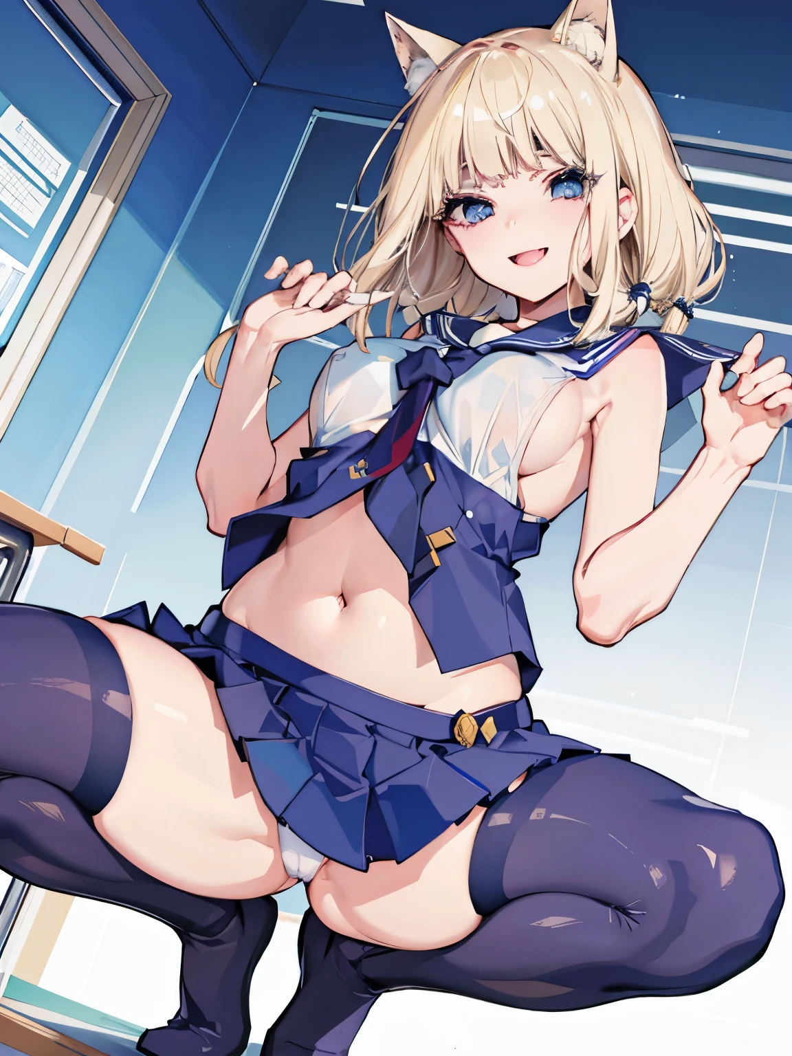 top-quality、realistic touch,high-detail、photoRealstic、thin-waist、captive beauty、big eye、solid platinum-blonde eyelashes、platinum-blonde、full body Esbian、Sparkling eyes、Submissive smile、Flushed cheeks、Kamimei、thin-waist、Voluptuous thighs、Enraptured look、In the classroom of the school、Navel look、She is in estrus、a sailor suit、cocky expression、Colossal tits、Super short skirt with V-line visible、Camera angle from below、Big breasts visible between uniform and stomach、Sleeveless、Squat with open legs、