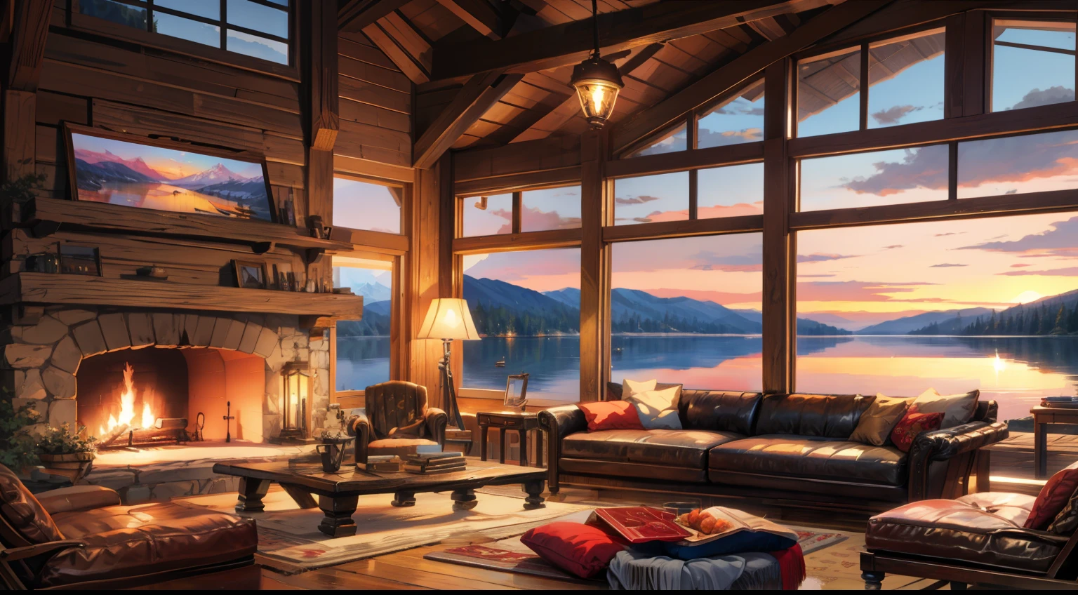 painting of a lake cabin, lakeside view,glistening ,couch,table, fireplace ,pot,rug,beautiful scenery,calm lofi vibe,stream,4k hd, cloud,beautiful art uhd 4 k, a beautiful artwork illustration, beautiful digital painting, highly detailed digital painting, beautiful digital artwork, detailed painting 4 k, very detailed digital painting, rich picturesque colors, gorgeous digital painting