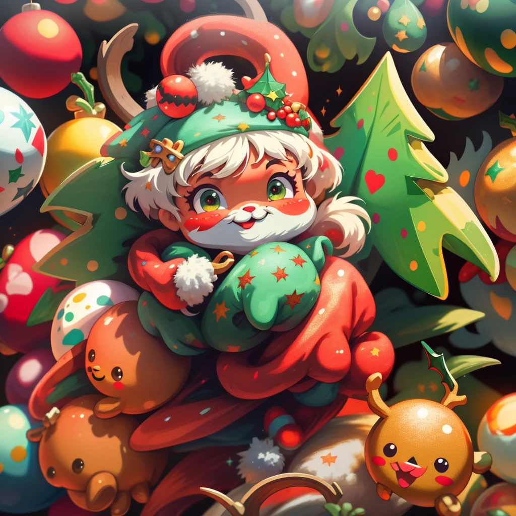 stickers, high quality, vibrant colors, festive atmosphere, cute characters, joyful expressions, Christmas-themed background, playful details, intricate designs, shiny glitter, snowflakes, Santa Claus, reindeer, Christmas trees, holly leaves, ornaments, presents, cheerful mood