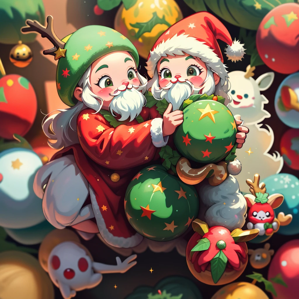 stickers, high quality, vibrant colors, festive atmosphere, cute characters, joyful expressions, Christmas-themed background, playful details, intricate designs, shiny glitter, snowflakes, Santa Claus, reindeer, Christmas trees, holly leaves, ornaments, presents, cheerful mood