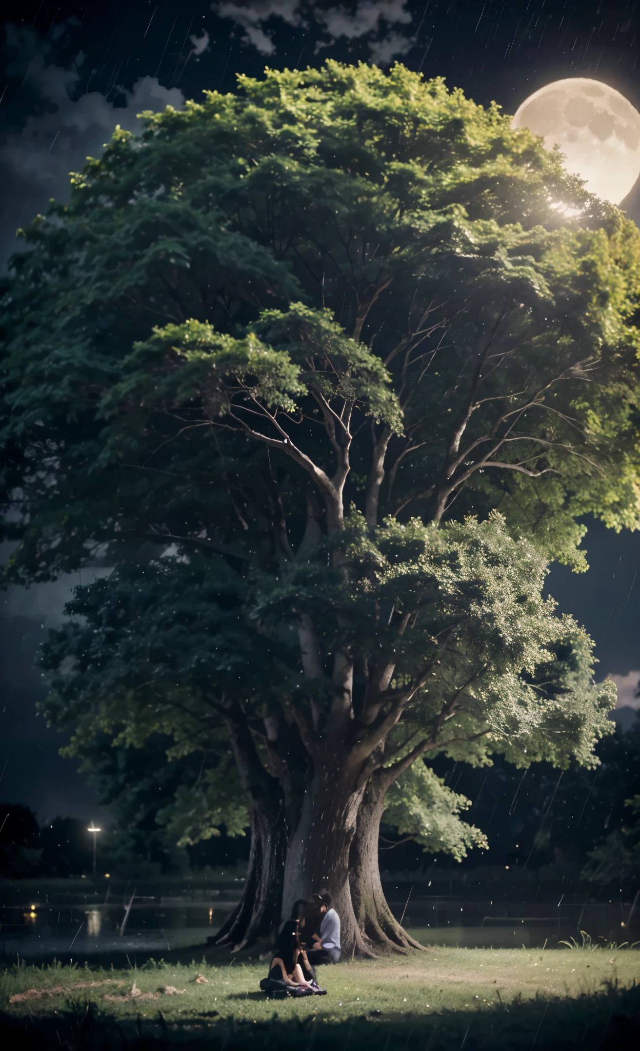 A deep night with a lot of rain lit by the moon and very dark rays with a couple sitting in black under the tree woman with black hair