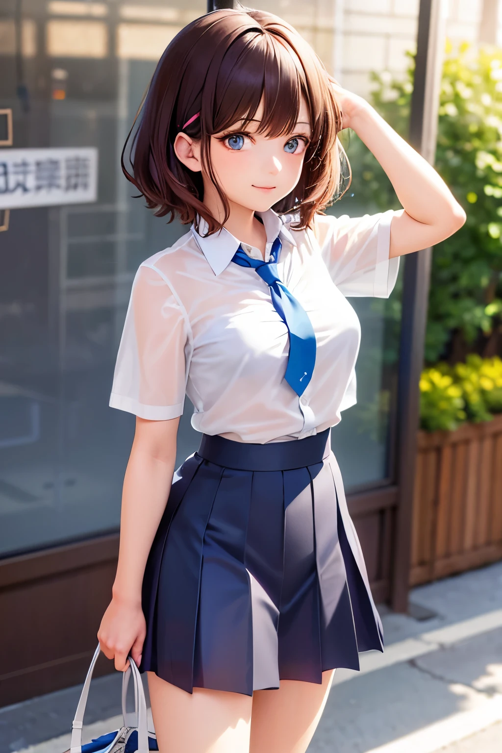 a young anime girl with an anime girl hair cut and blue eyes, 1girl, solo, necktie, shirt, skirt, smile, looking at viewer, blue eyes, hair ornament, brown hair, white shirt, outdoors, blue skirt, ((((see-through)))), short sleeves, collared shirt, school uniform, bra visible through clothes, hairclip, closed mouth, pleated skirt, underwear