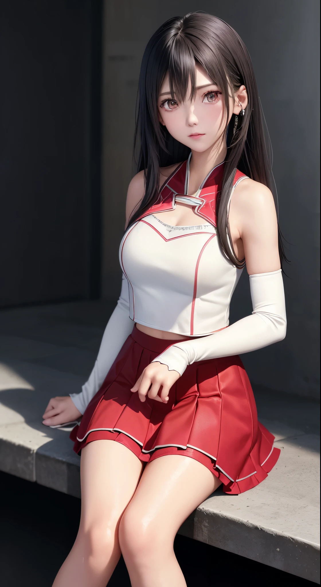 optimum,tmasterpiece,hight resolution,best qualtiy,hyper HD,super detailing,awardwinning,spread legs,show white panties,16 K,独奏,(The upper part of the body),Raw feet、White panty、anatomy correct,Beautiful cyberpunk girl,cute face,,Gradient Beige Hair,Hairline,((scarlet eyes)),long eyelasher,Hanging eye corners,White skin of the,(small tit),(Slim body),((Women's Super Short Shawl Leather Jacket)),((Racing_Suit)),((High-Low_long skirt)),Ear studs,(lanyard),(Laser material clothing:1.2)