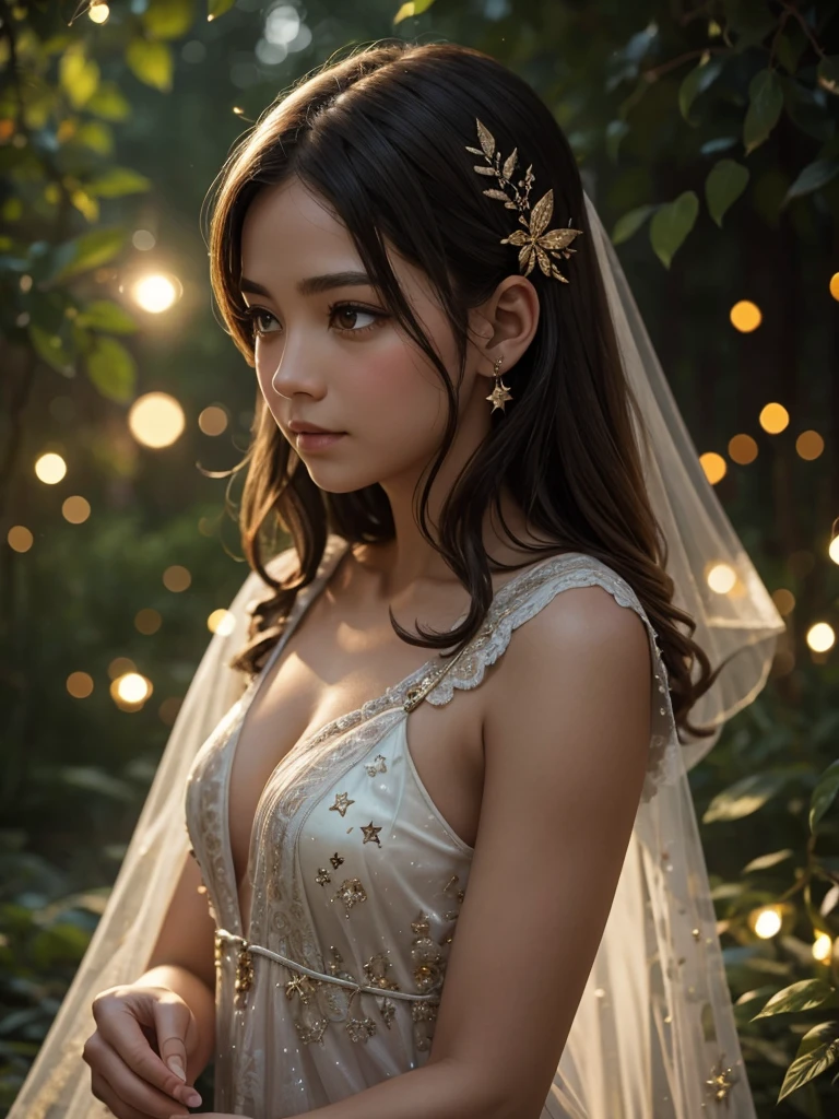 A beautiful starry night at the woods, scattering fireflies, mythical fairy flying into a European Female Toddler's hand, detailed face, detailed eyes, bokeh, shallow depth of field, insanely detailed and intricate