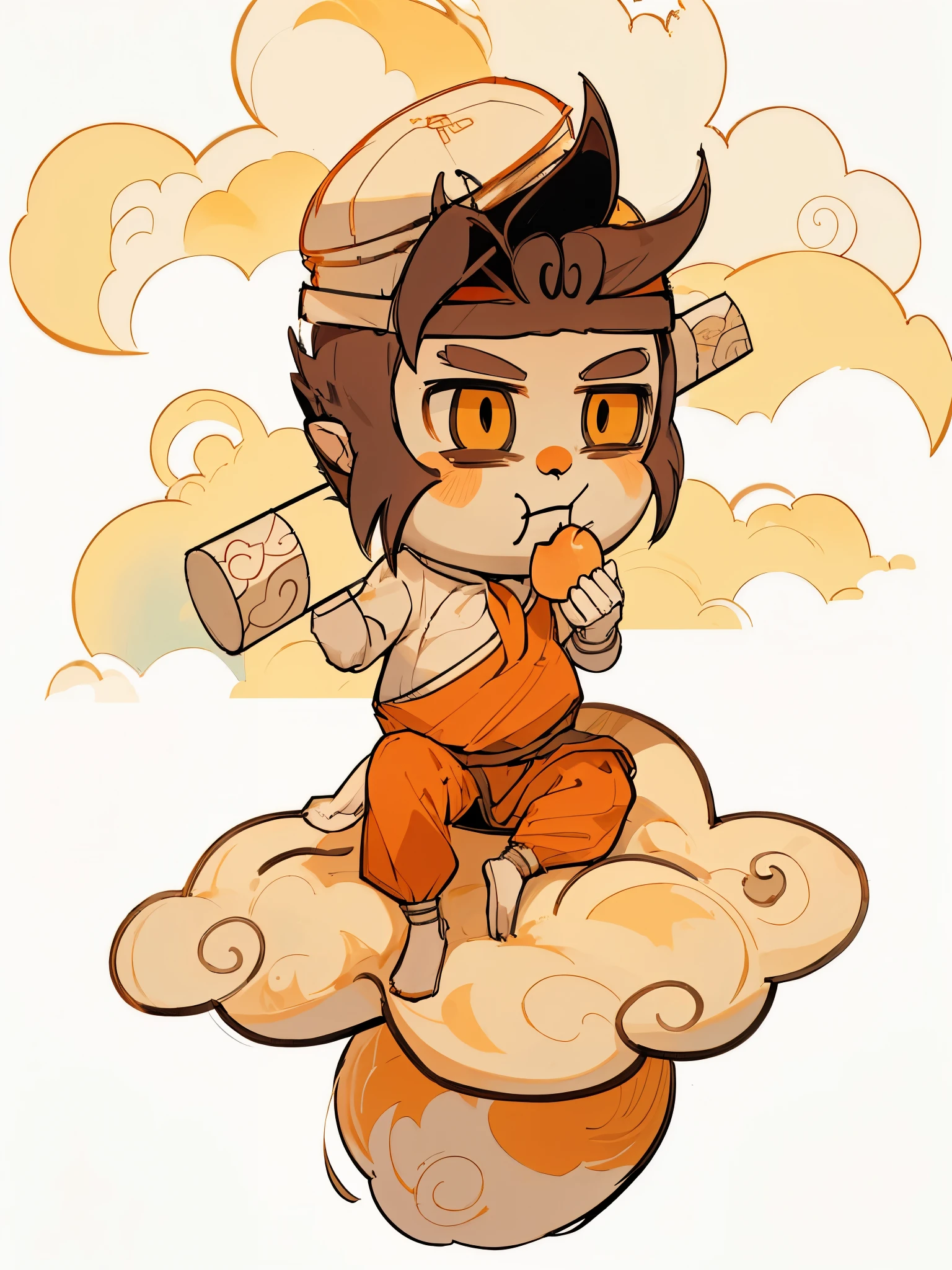 8kUniformity质,高清Uniformity质,A character,Monkey anthropomorphism,son goku,ancient Chinese costume,put a hat on your head,Brown hair,of clothes,The eyes are bright,Eat peaches,Carrying a metal rod behind his back,metal headband,Sit in the clouds,Stylized,Uniformity,