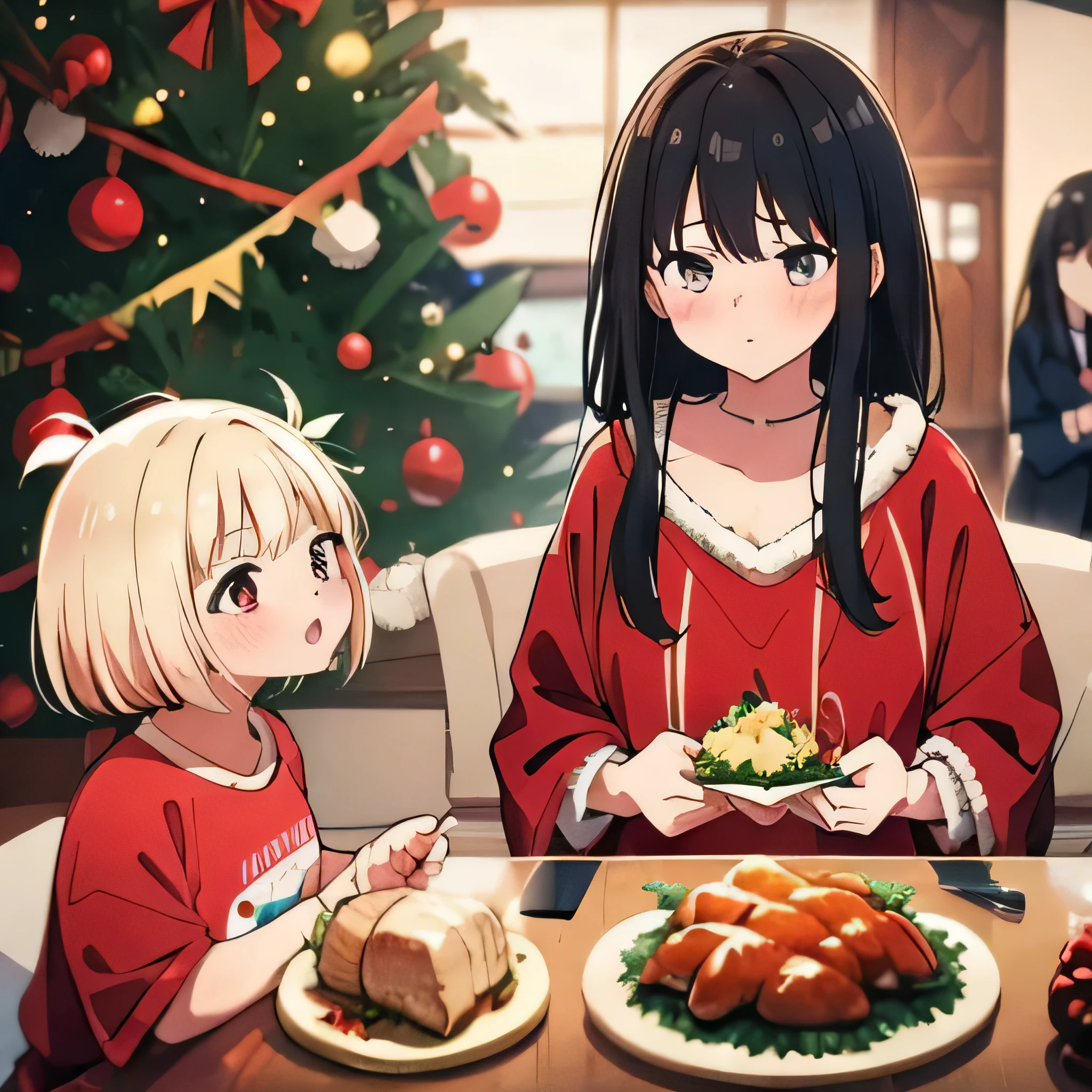 Same age,2 girls,Lover's Tsunagi,red blush,Christmas Dinner,Santa Cos,Long Black Hair,Blonde Bob